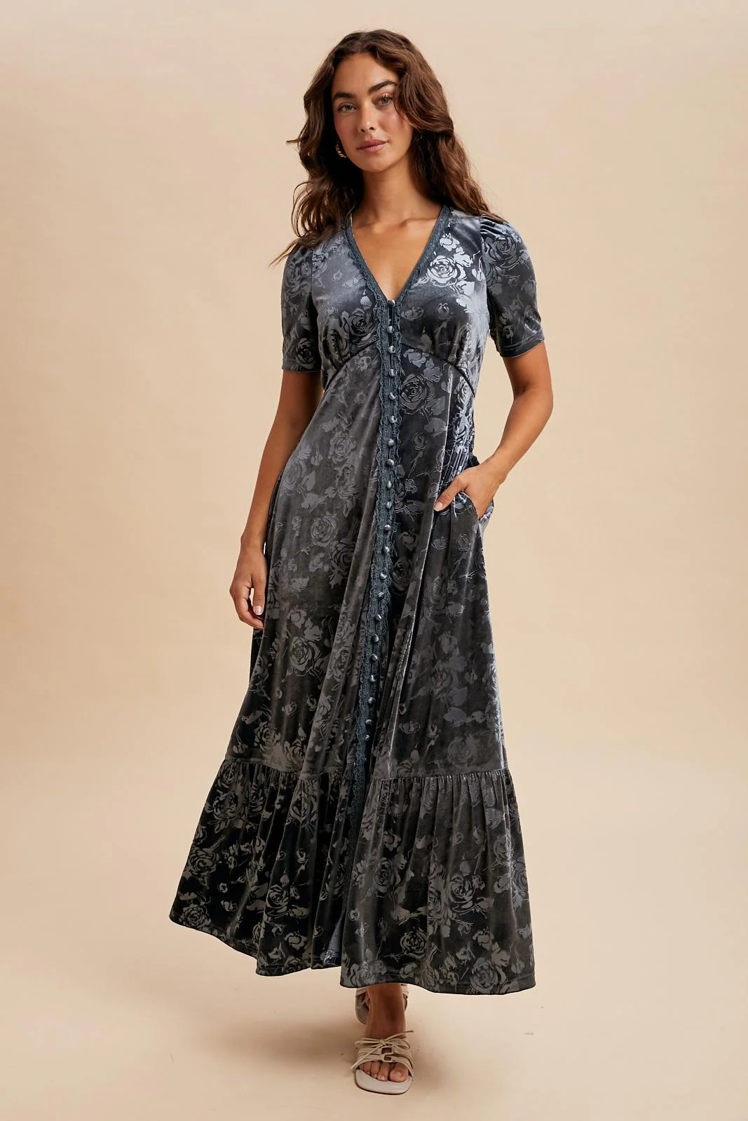 Blue Grey Velvet Floral Button Down Maternity Maxi Dress - Image 5
