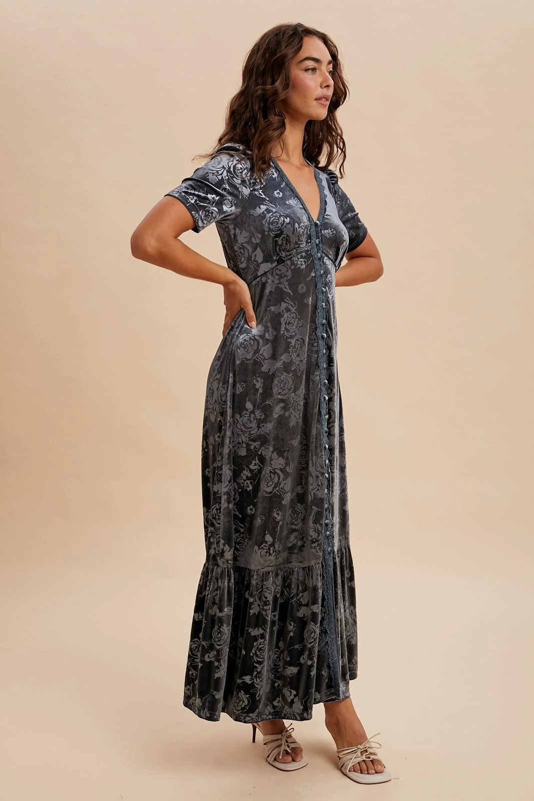 Blue Grey Velvet Floral Button Down Maxi Dress - Image 3