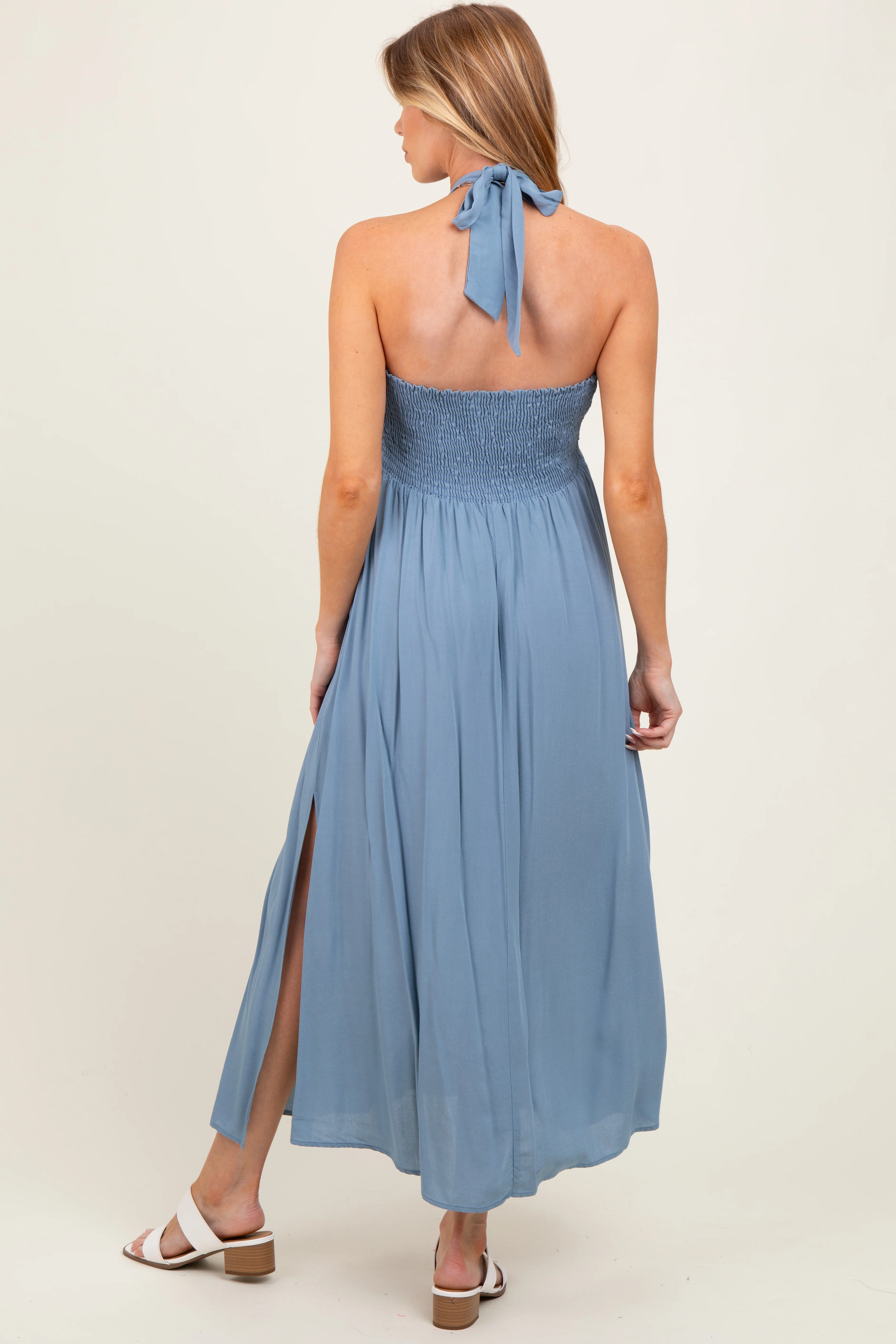 Blue Halter Neck Side Slit Maternity Midi Dress - Image 4