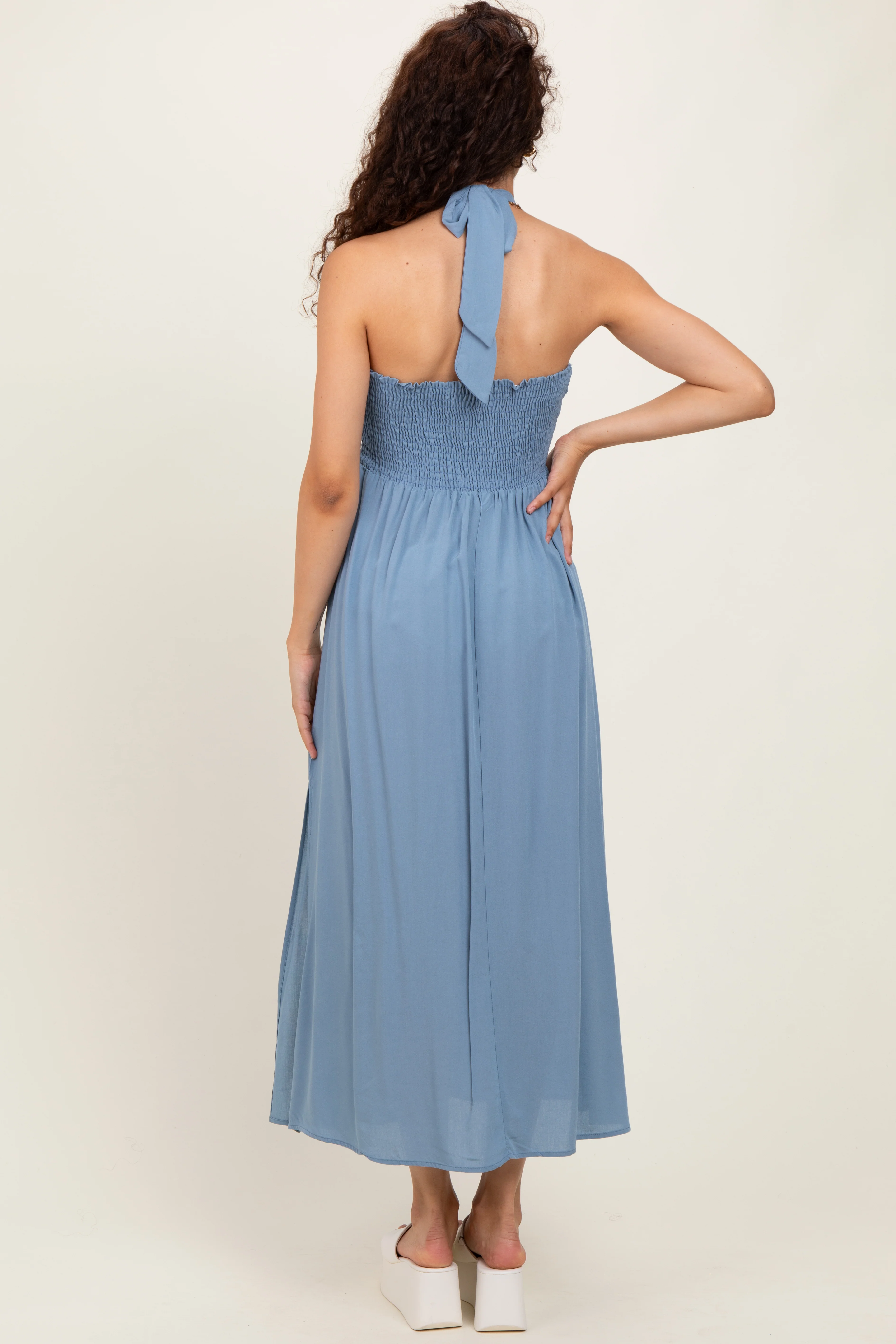 Blue Halter Neck Side Slit Midi Dress - Image 4