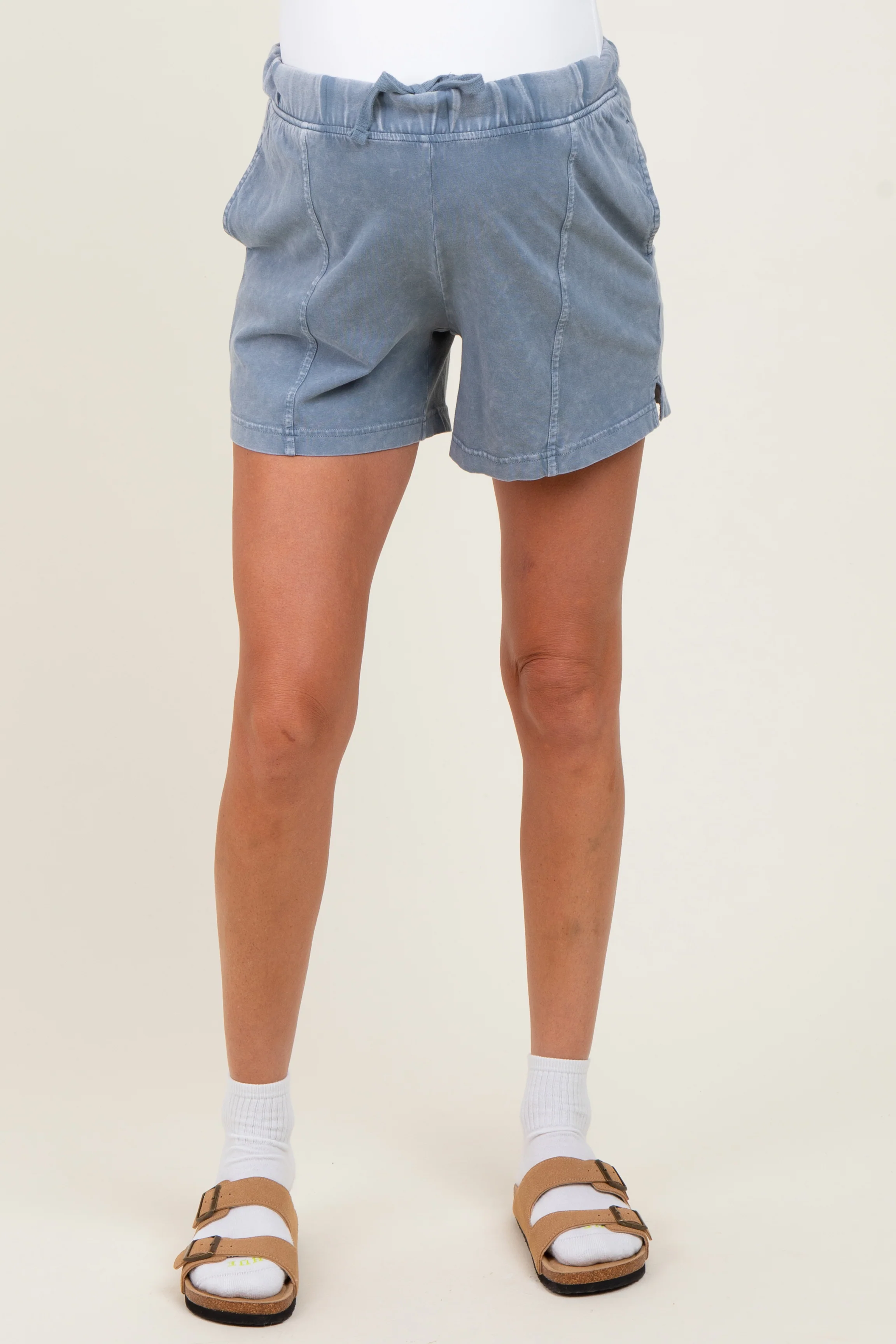Blue Hidden Drawstring Maternity Shorts - Image 3