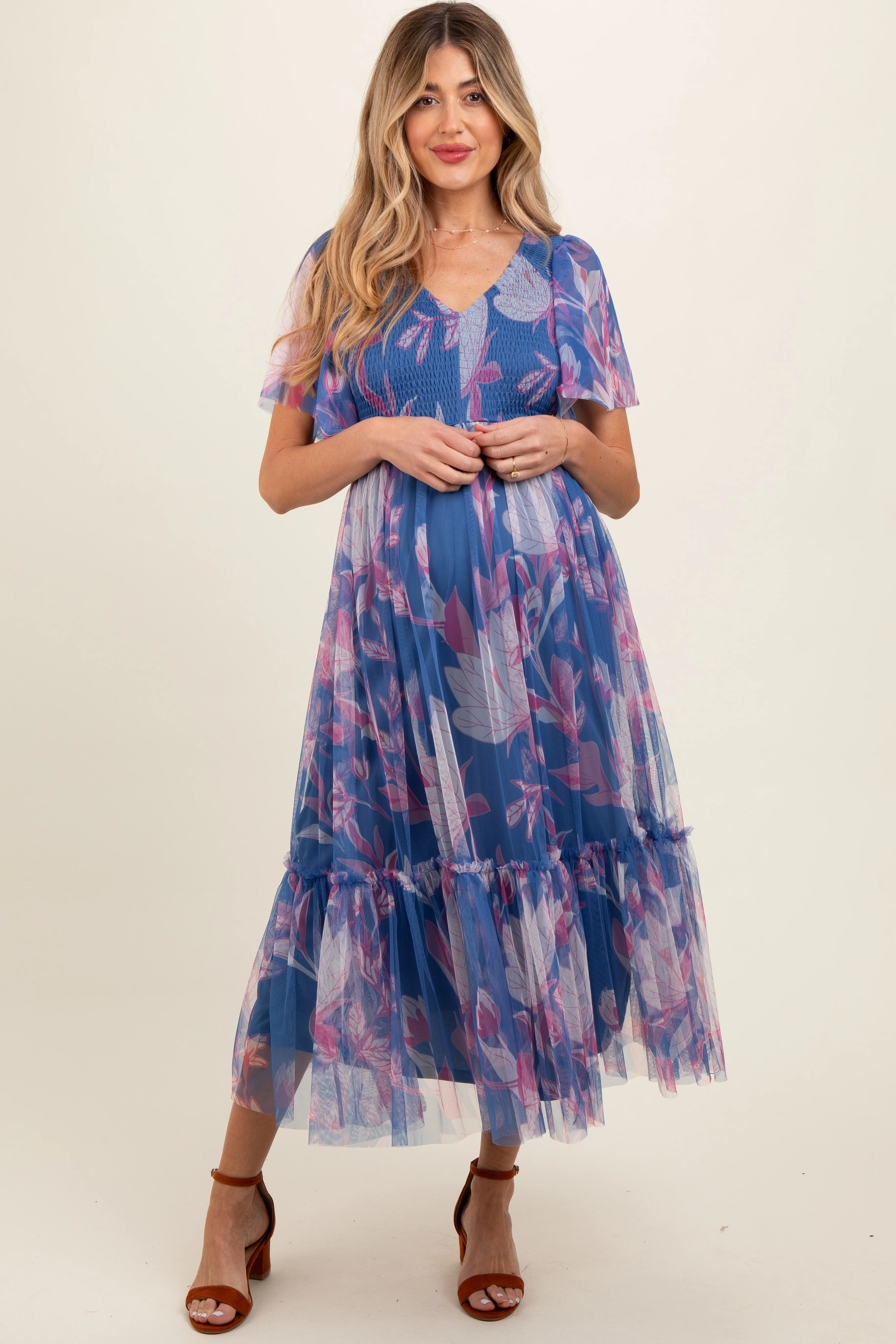Blue Leaf Print Mesh Smocked Maternity Midi Dress - Image 3