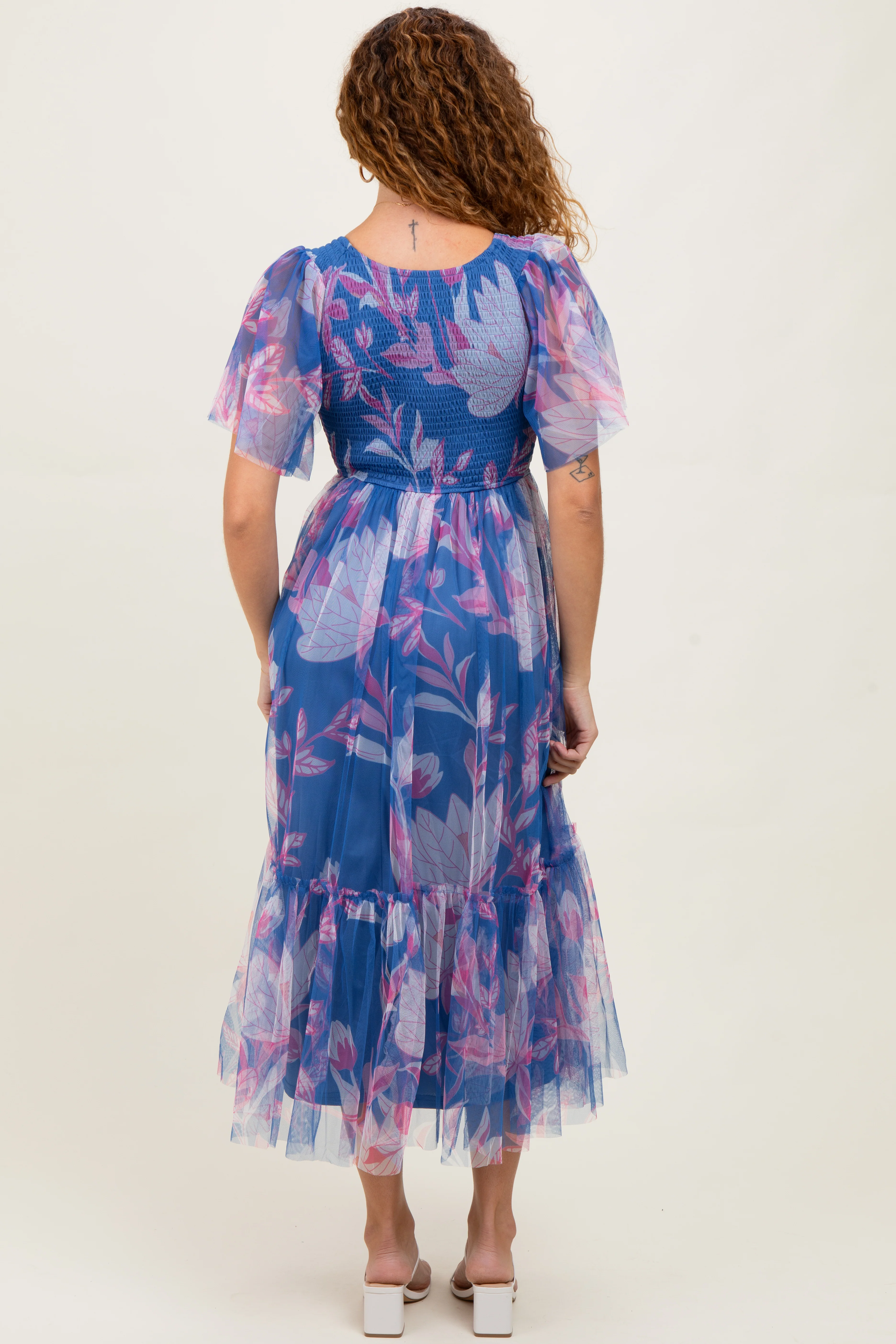Blue Leaf Print Mesh Smocked Midi Dress - Image 4