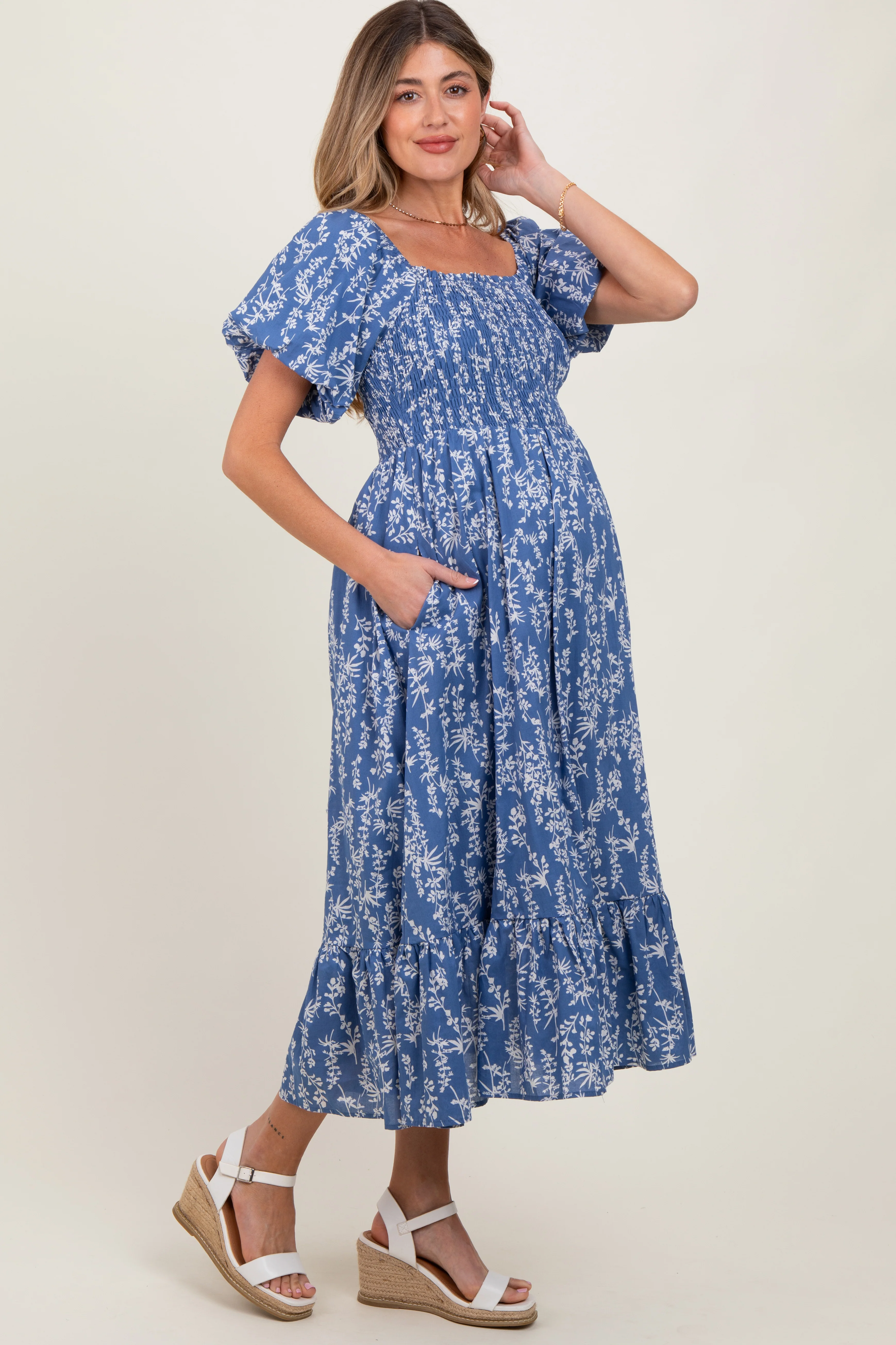 Blue Leaf Print Smocked Maternity Midi Dress - Image 3