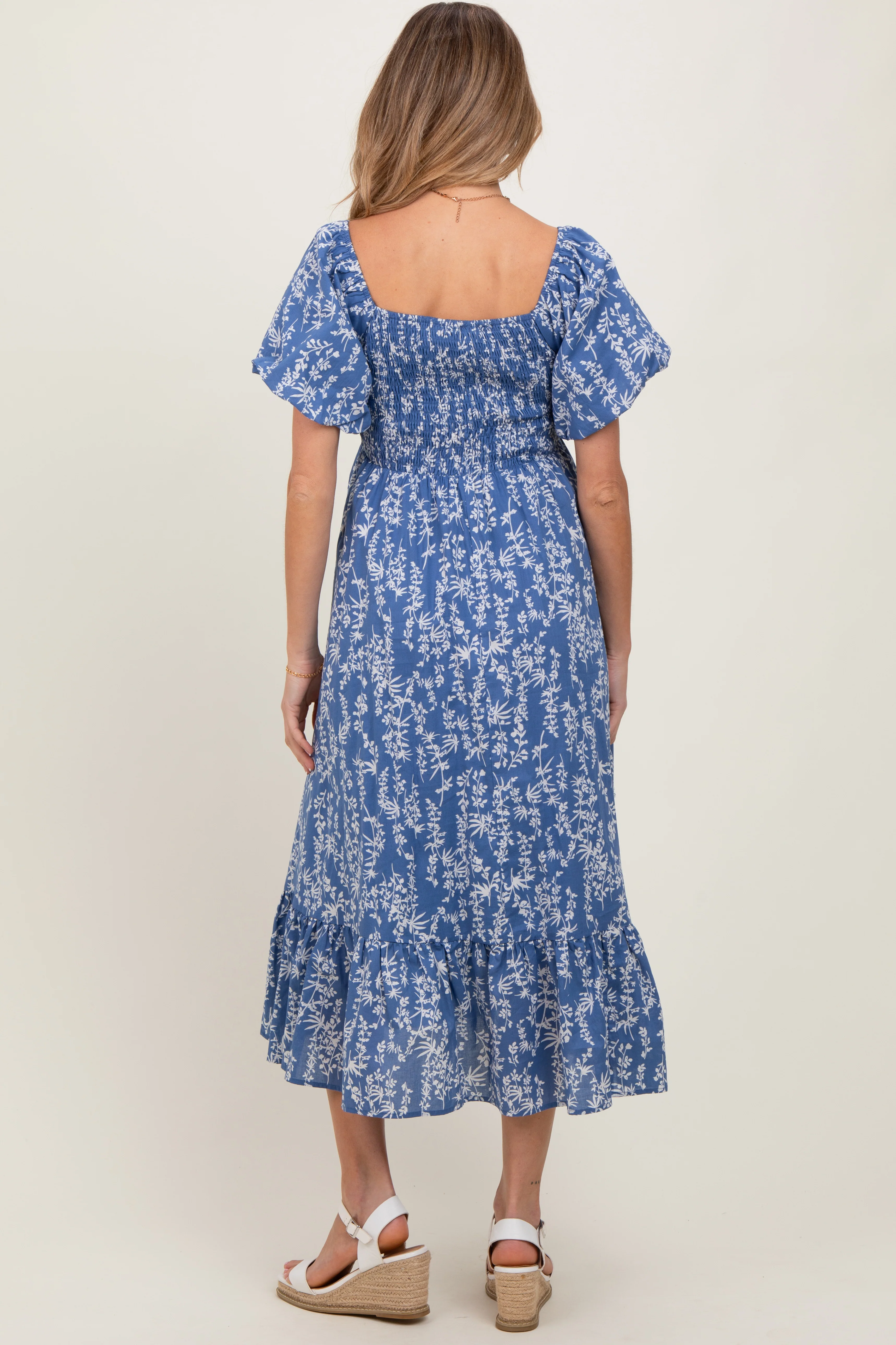Blue Leaf Print Smocked Maternity Midi Dress - Image 4