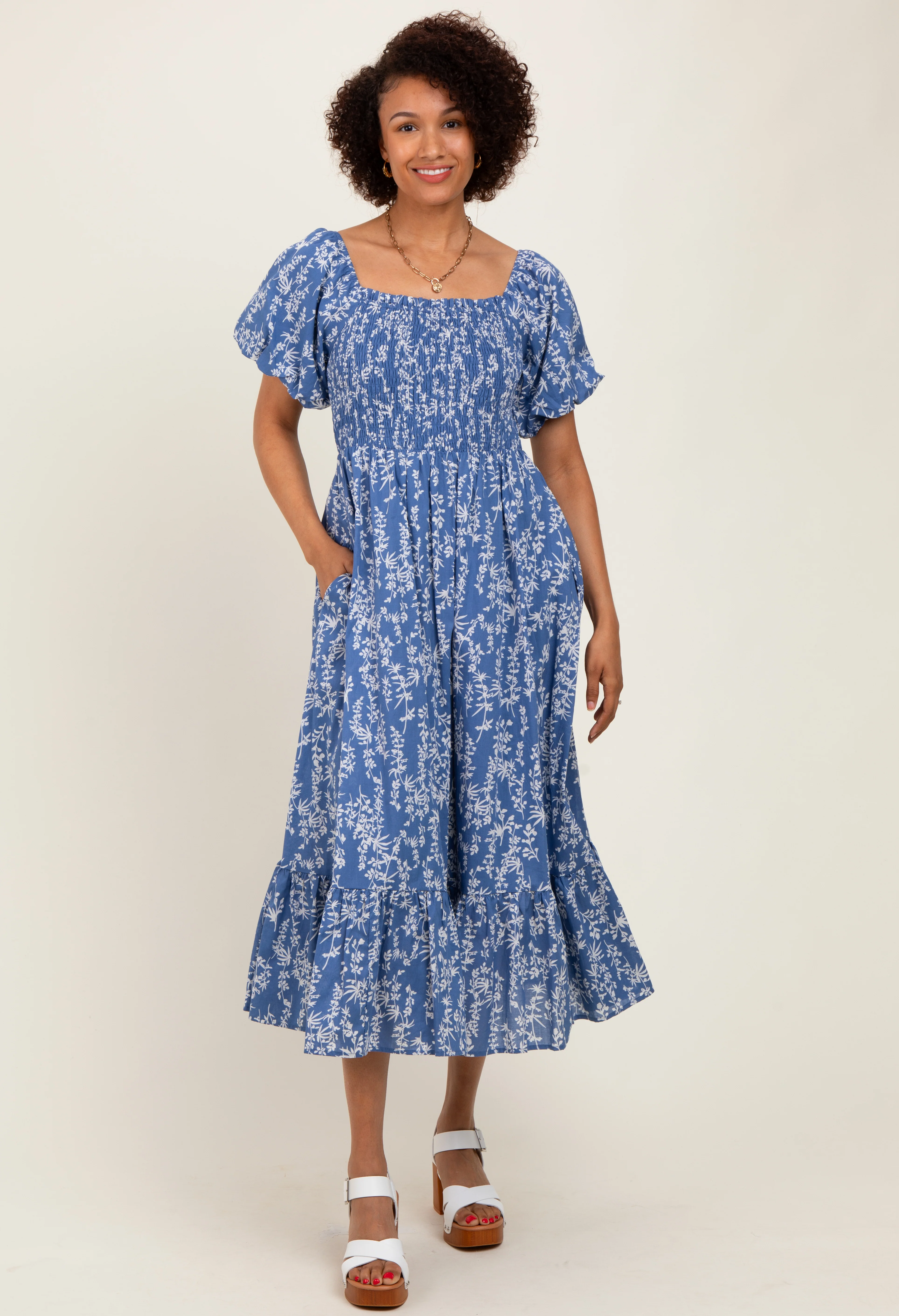 Blue Leaf Print Smocked Maternity Midi Dress - Image 5
