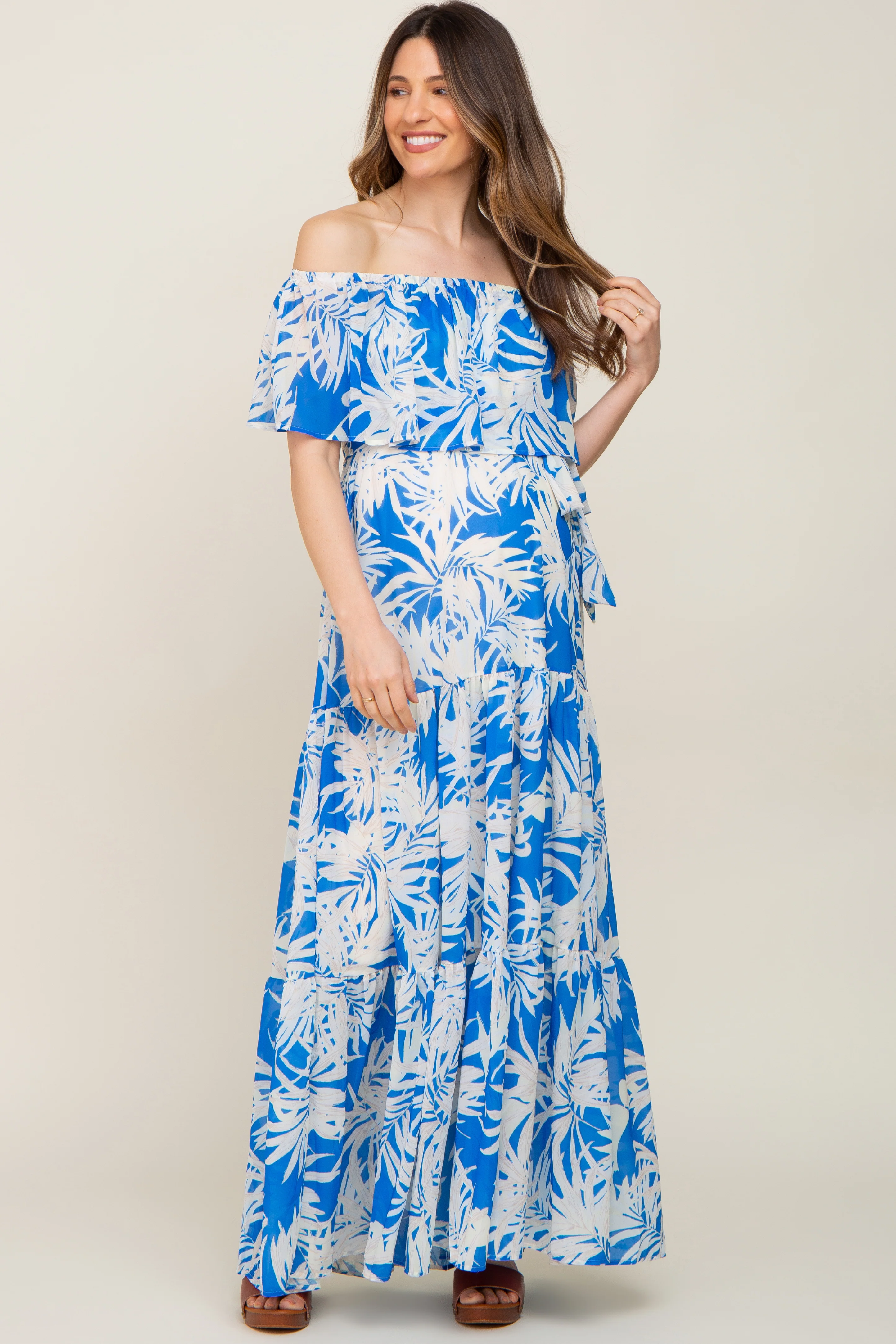 Blue Leaf Print Strapless Tiered Maternity Maxi Dress - Image 5