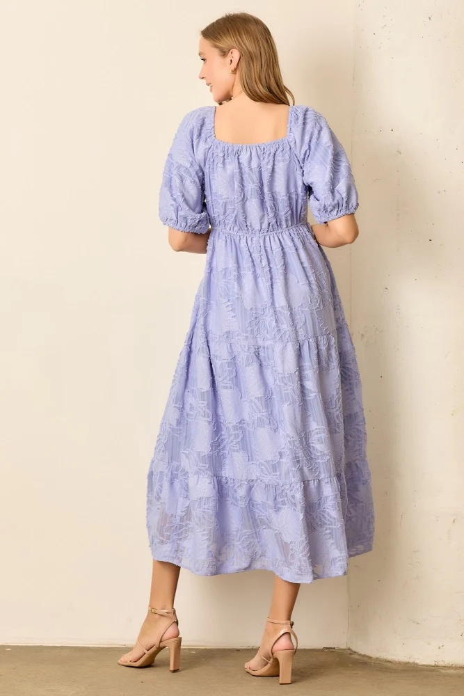 Blue Leaf Textured Tiered Midi Dress - Image 3