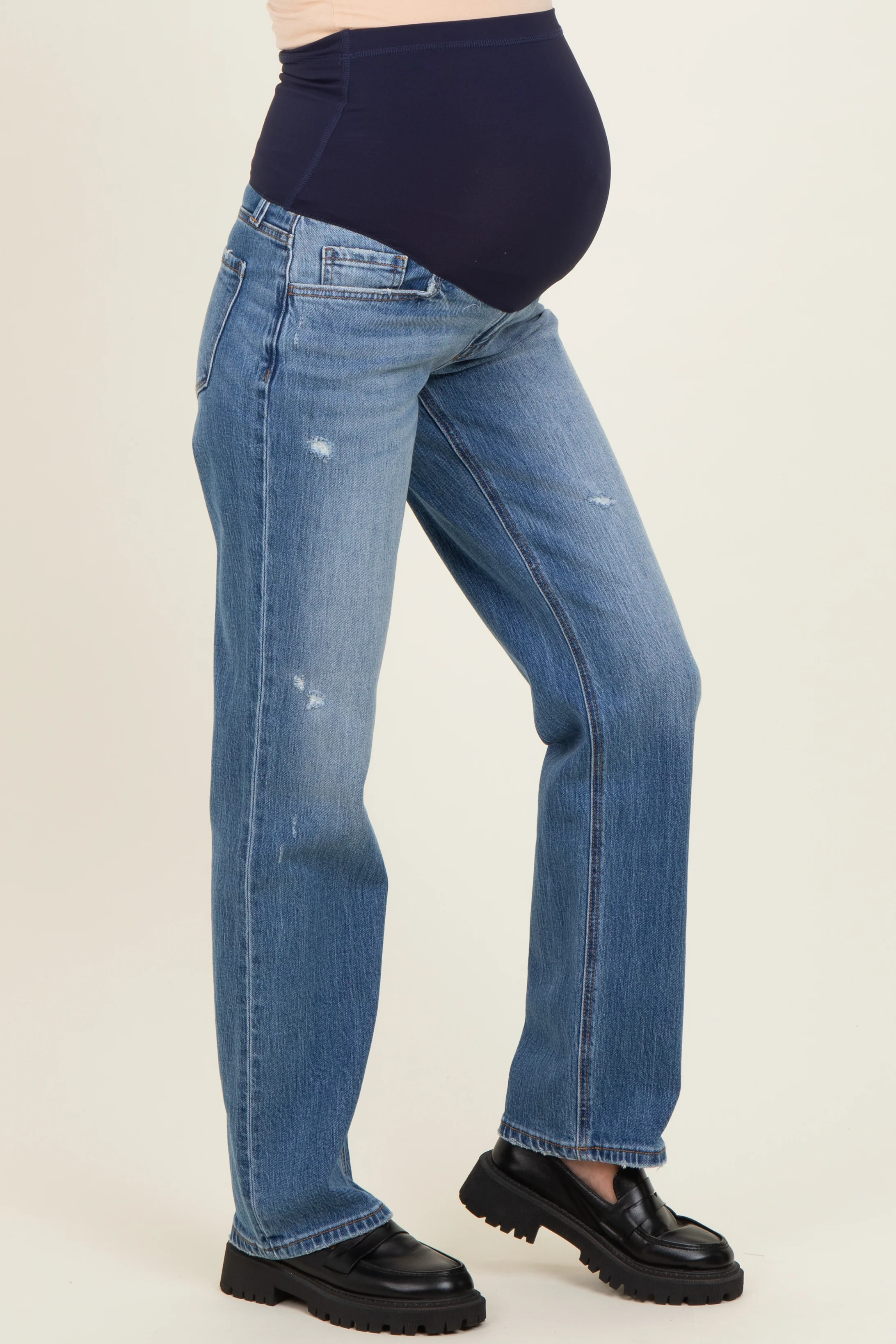 Blue Lightly Distressed Straight Leg Maternity Jeans - Image 3