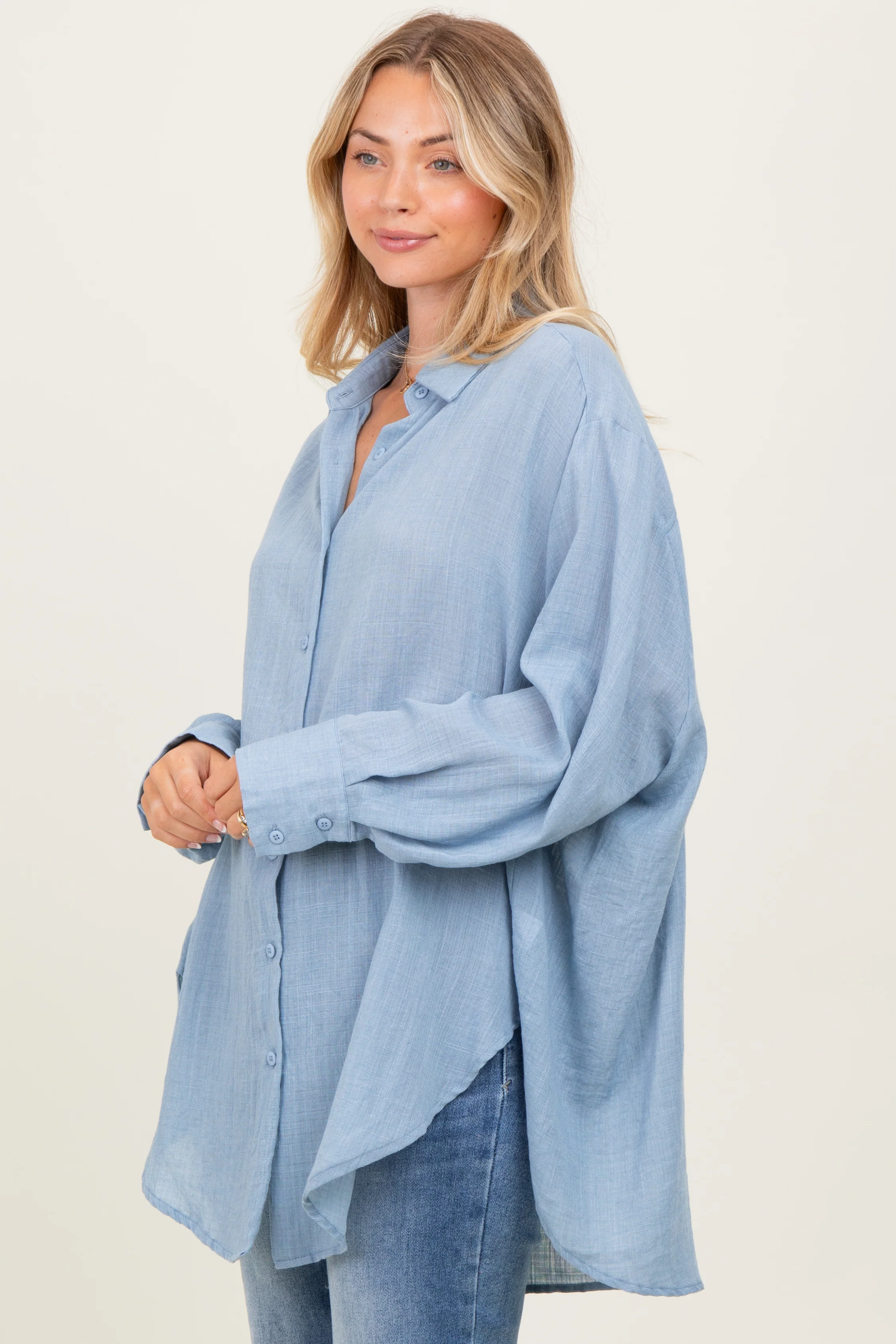 Blue Long Sleeve Collared Button Down Shirt - Image 3