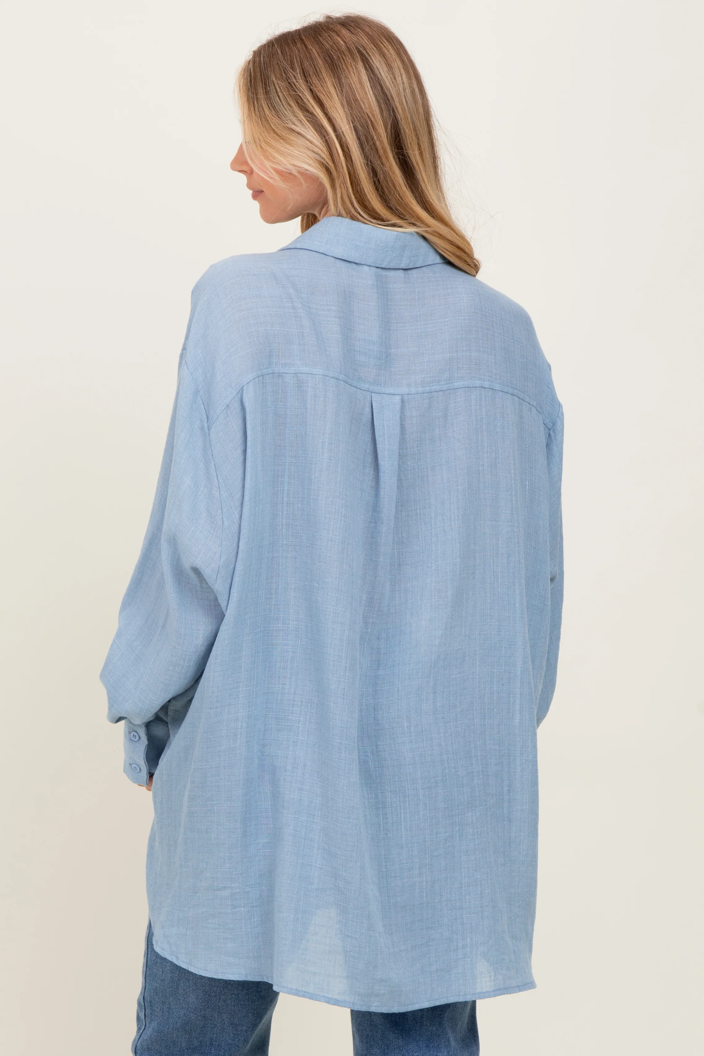 Blue Long Sleeve Collared Button Down Shirt - Image 4
