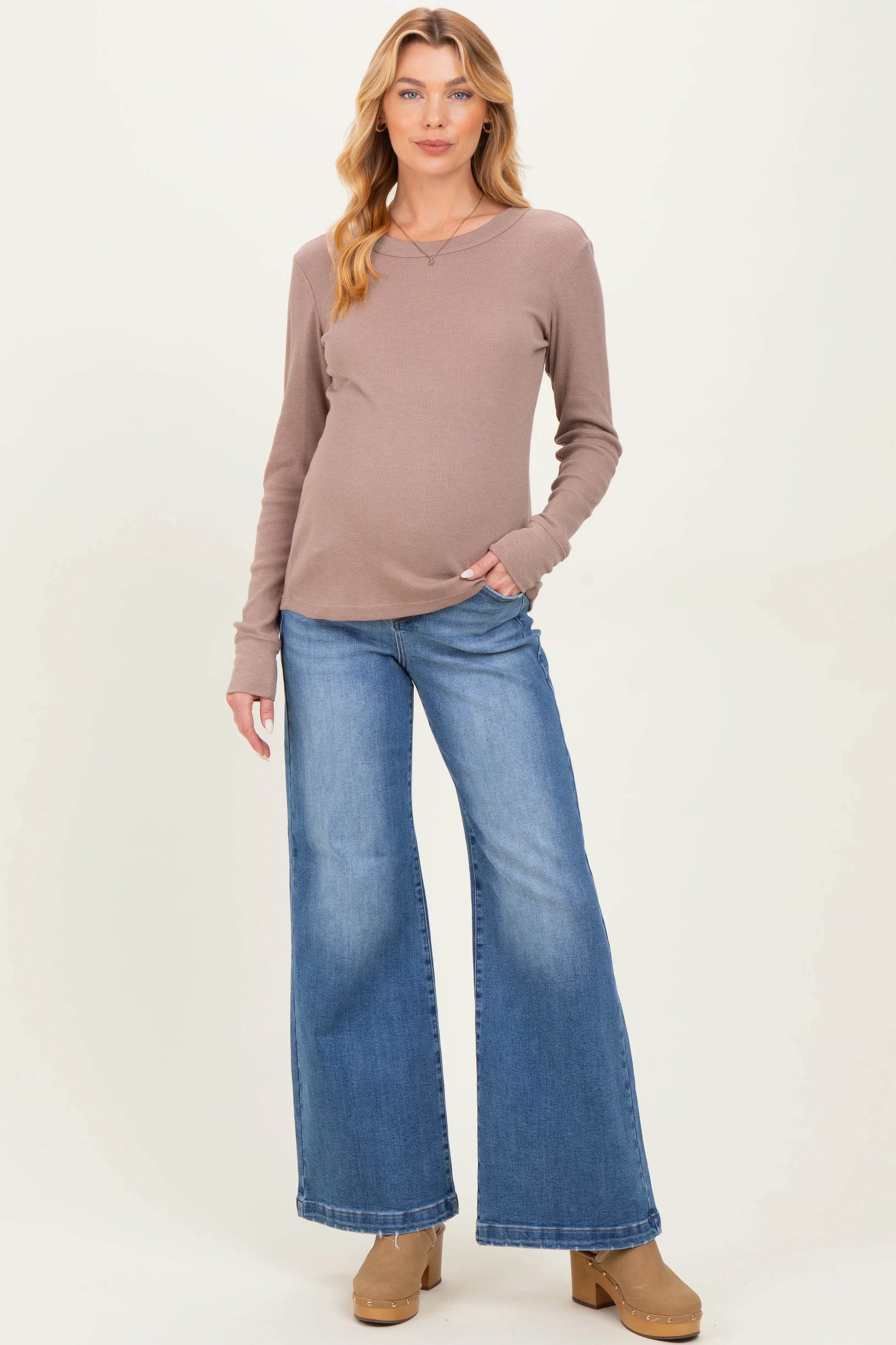 Blue Medium Wash Heart Pocket Wide Leg Maternity Jeans - Image 2