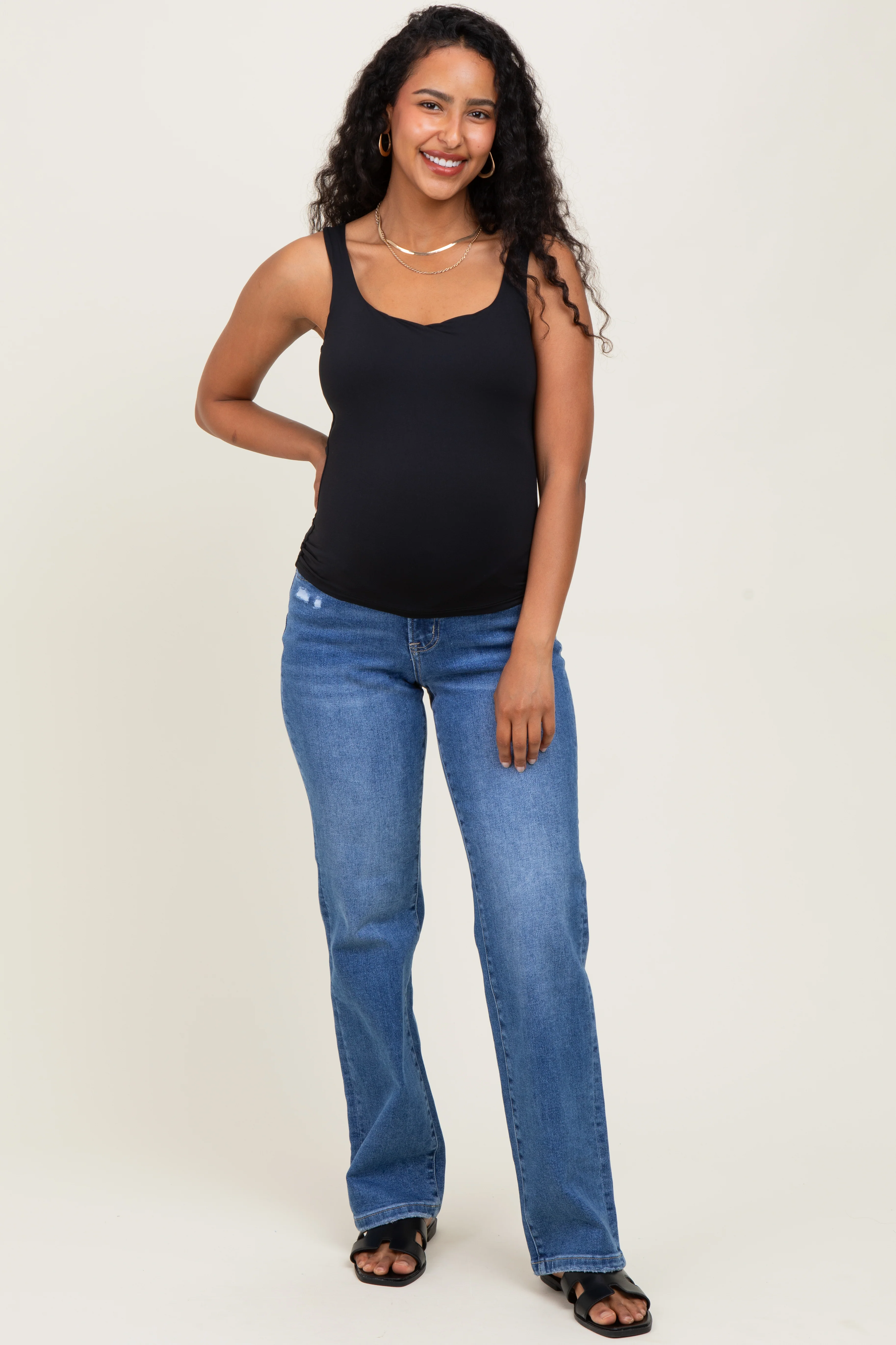 Blue Mid Rise Full Length Straight Leg Maternity Jeans