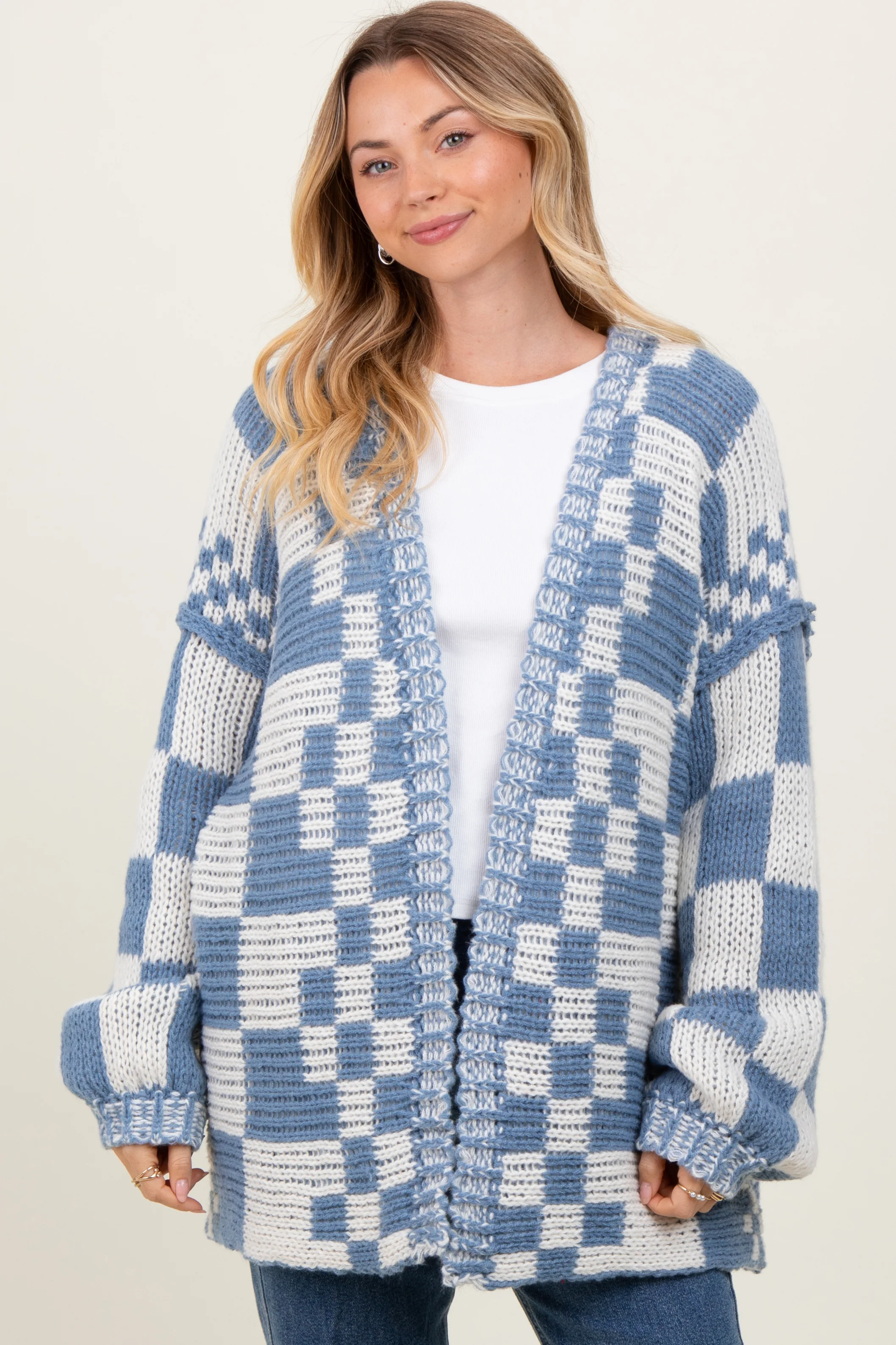 Blue Mixed Check Pattern Chunky Maternity Cardigan - Image 5
