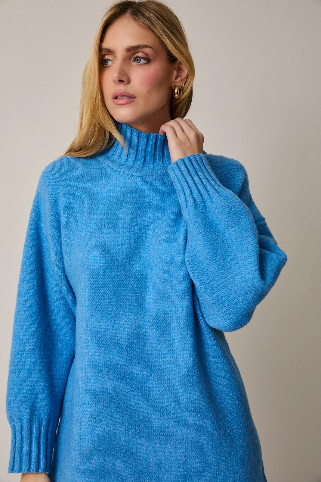 Blue Mock Neck Long Sleeve Sweater Dress - Image 6