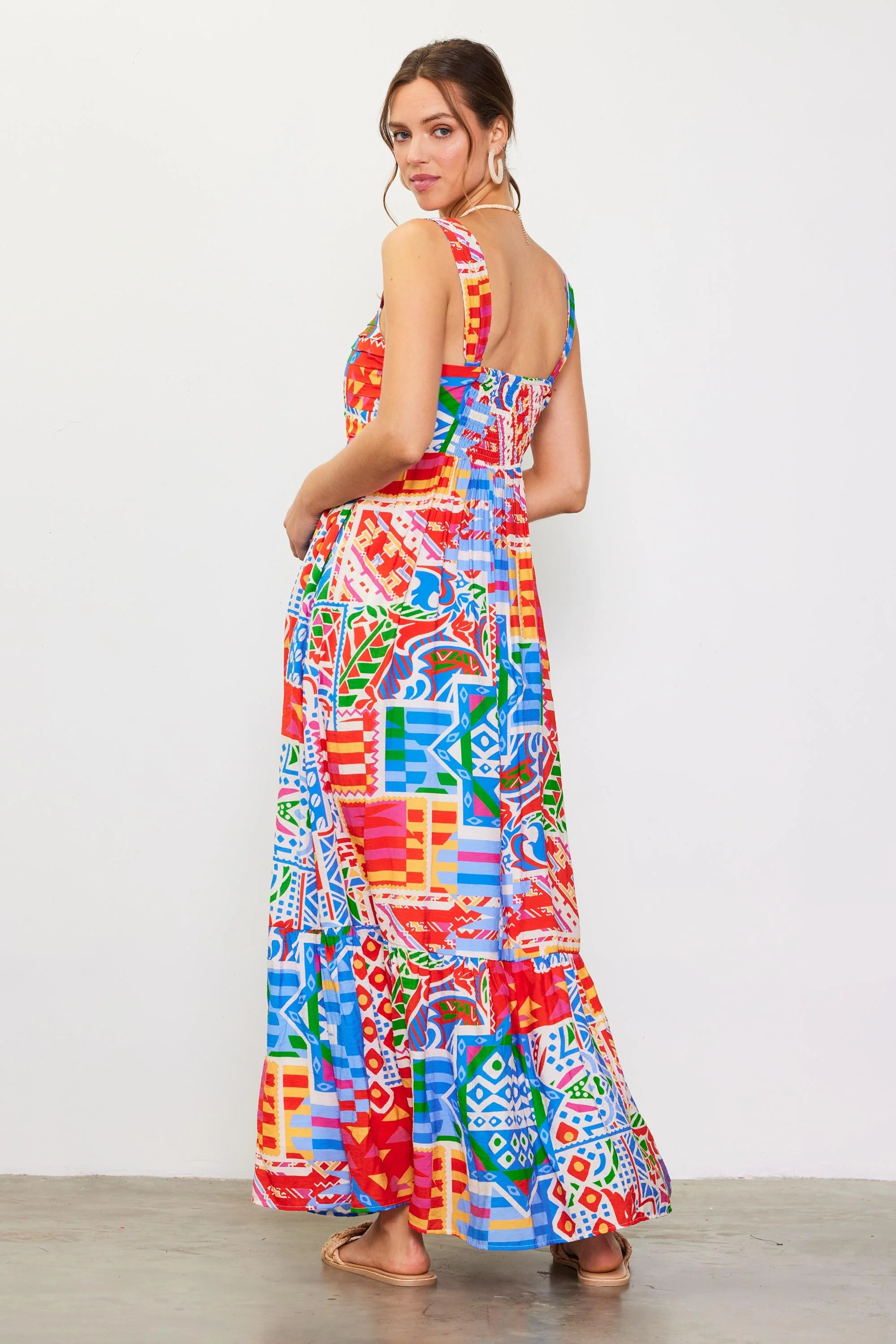 Blue Multi-Color Abstract Print Tiered Maxi Dress - Image 4