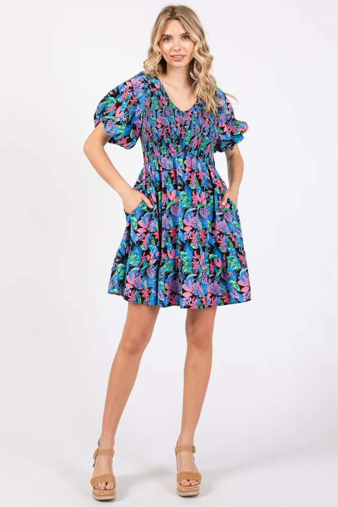 Blue Multi-Color Tropical Print Ruffle Hem Maternity Dress - Image 4