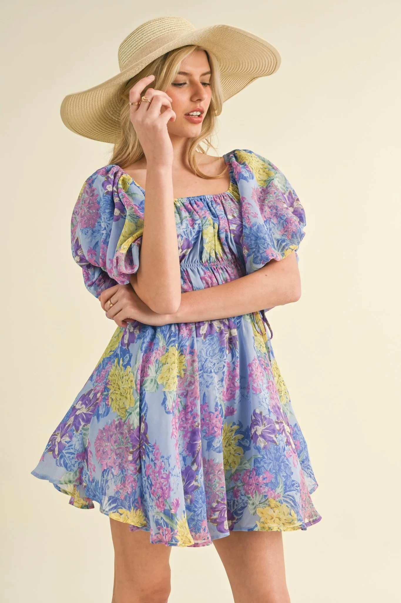Blue Multi Floral Print Bubble Sleeve Flared Mini Dress - Image 2