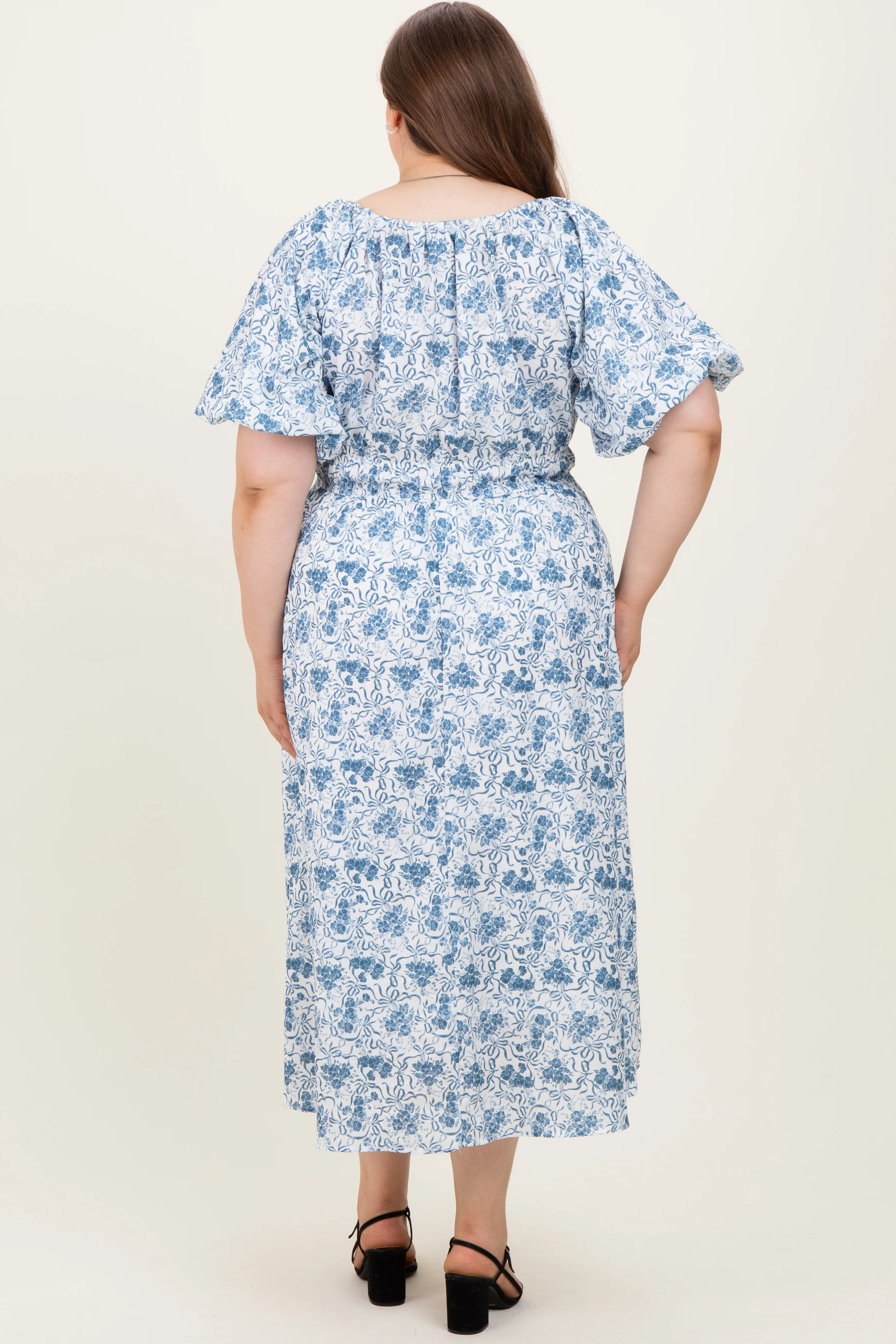 Blue Multi Printed Floral Bubble Sleeve Maternity Plus Maxi Dress - Image 4
