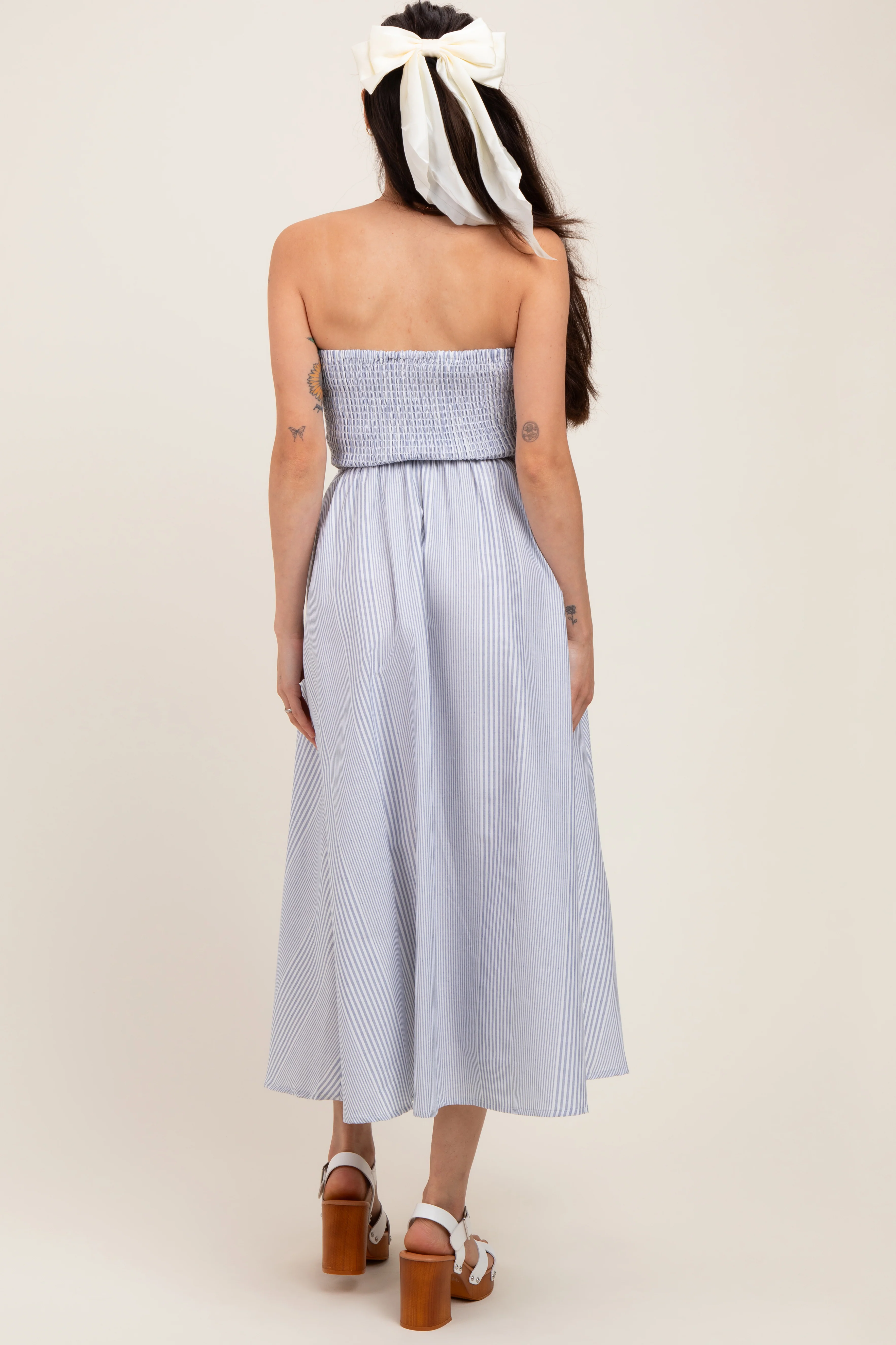 Blue Multi Stripe Strapless Maternity Midi Dress - Image 4