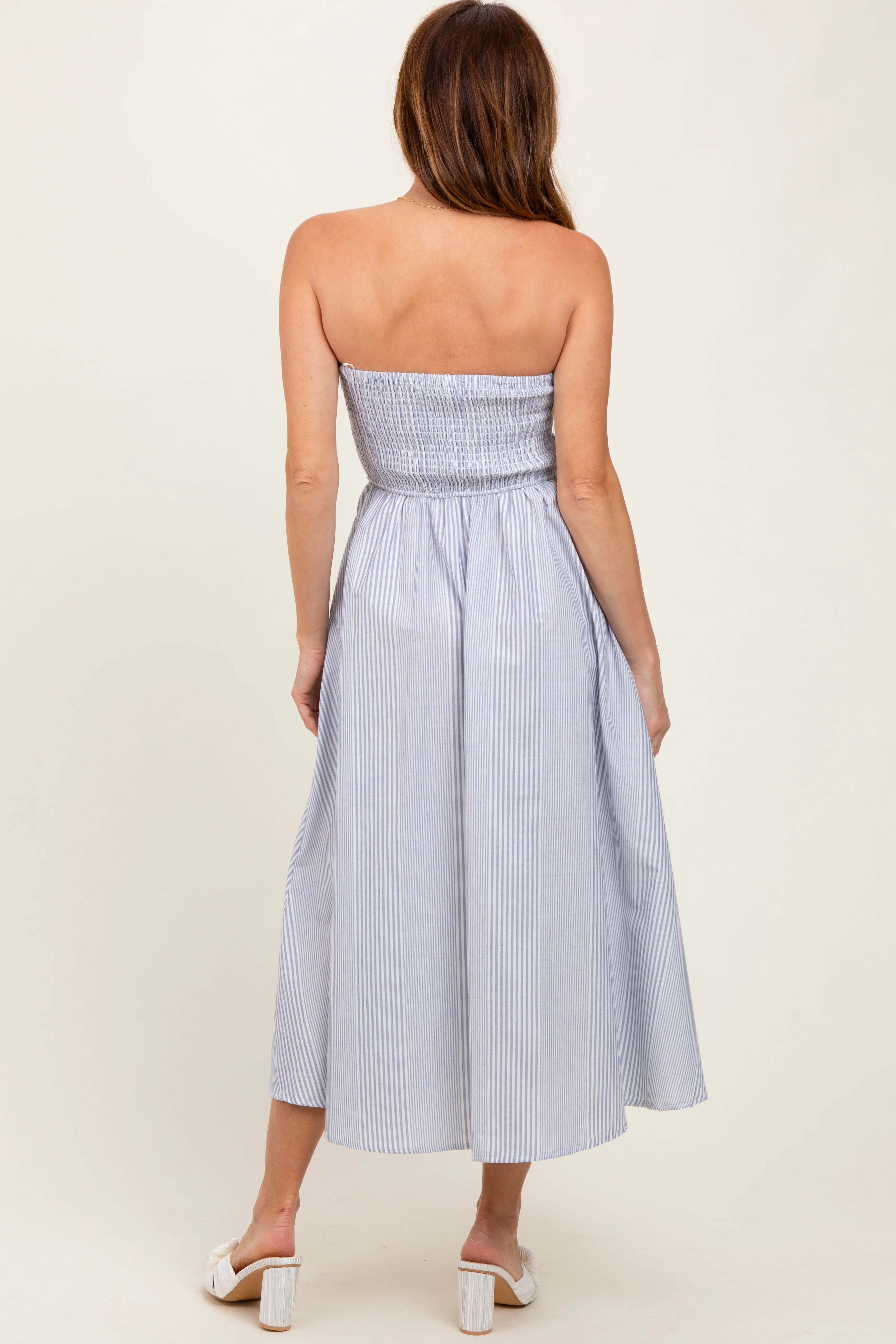 Blue Multi Stripe Strapless Midi Dress - Image 4
