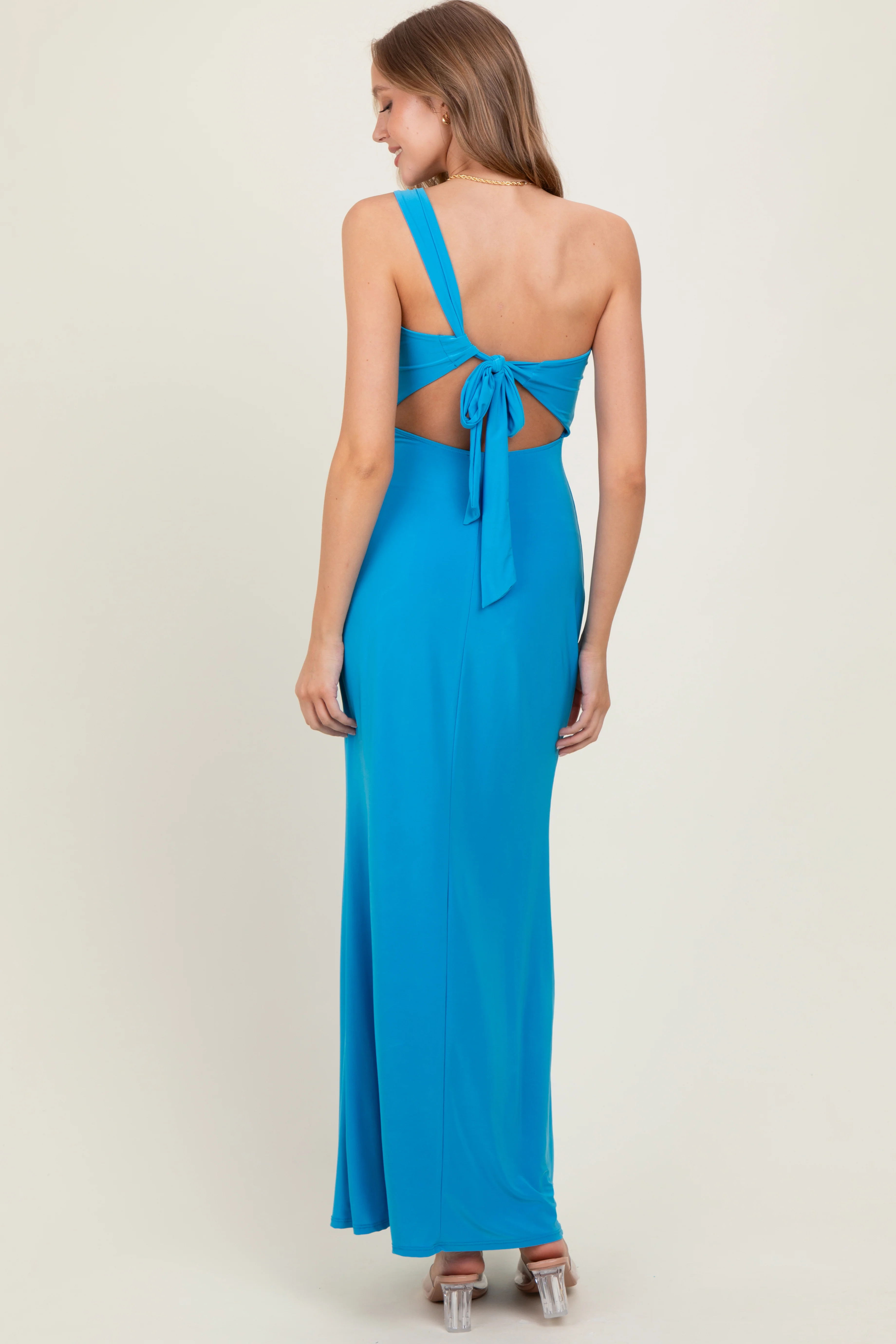 Blue One Shoulder Pendant Cutout Maxi Dress - Image 4