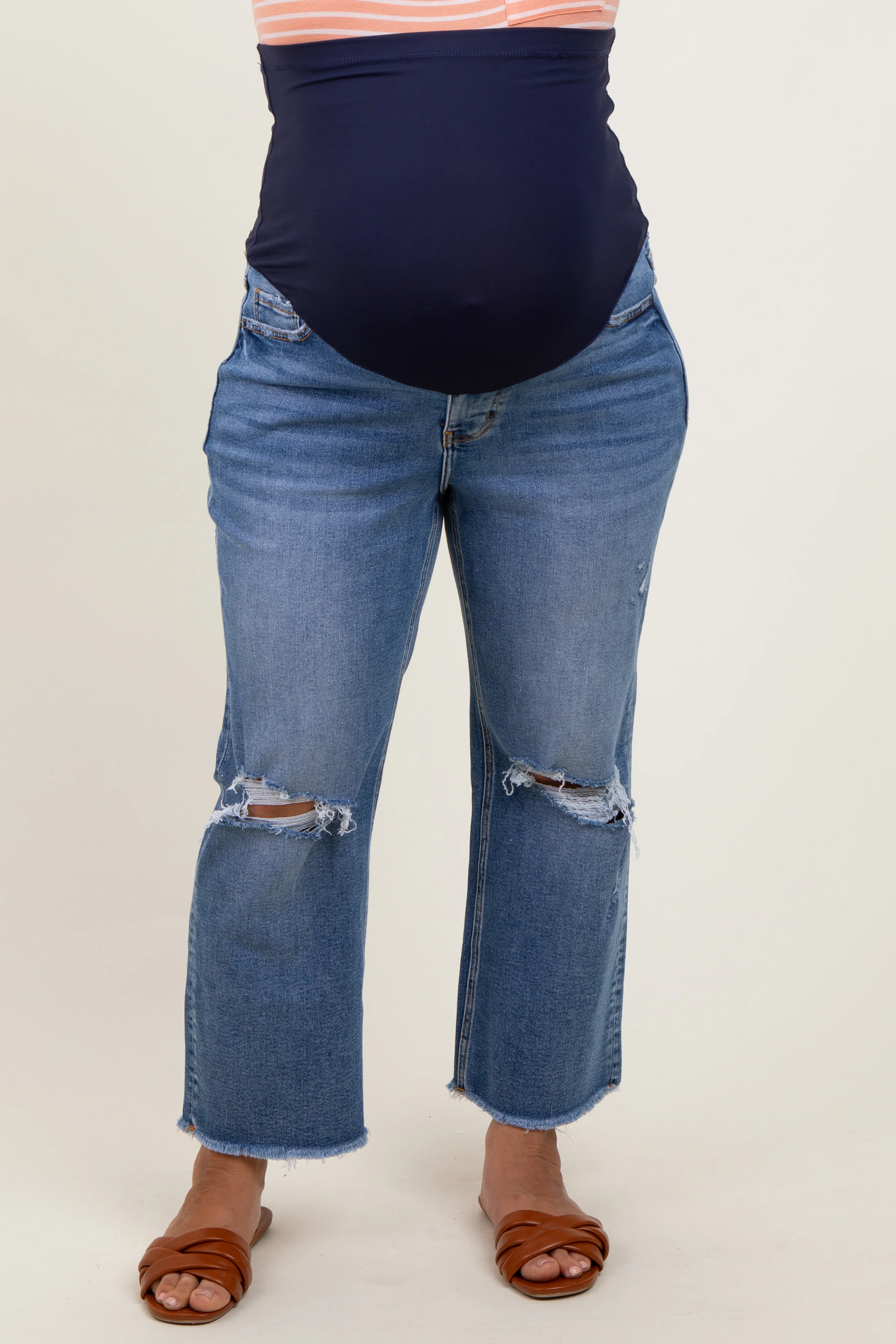 Blue Open Knee Fringe Hem Cropped Wide Leg Maternity Plus Jeans - Image 3