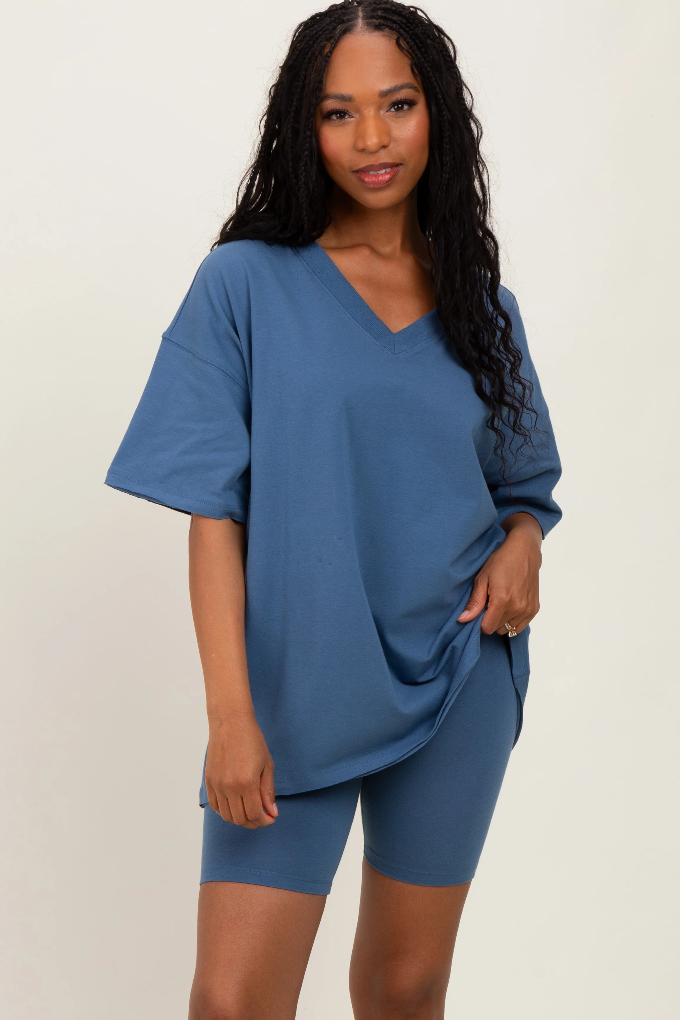 Blue Oversized V-Neck Biker Short Maternity Set - Image 6