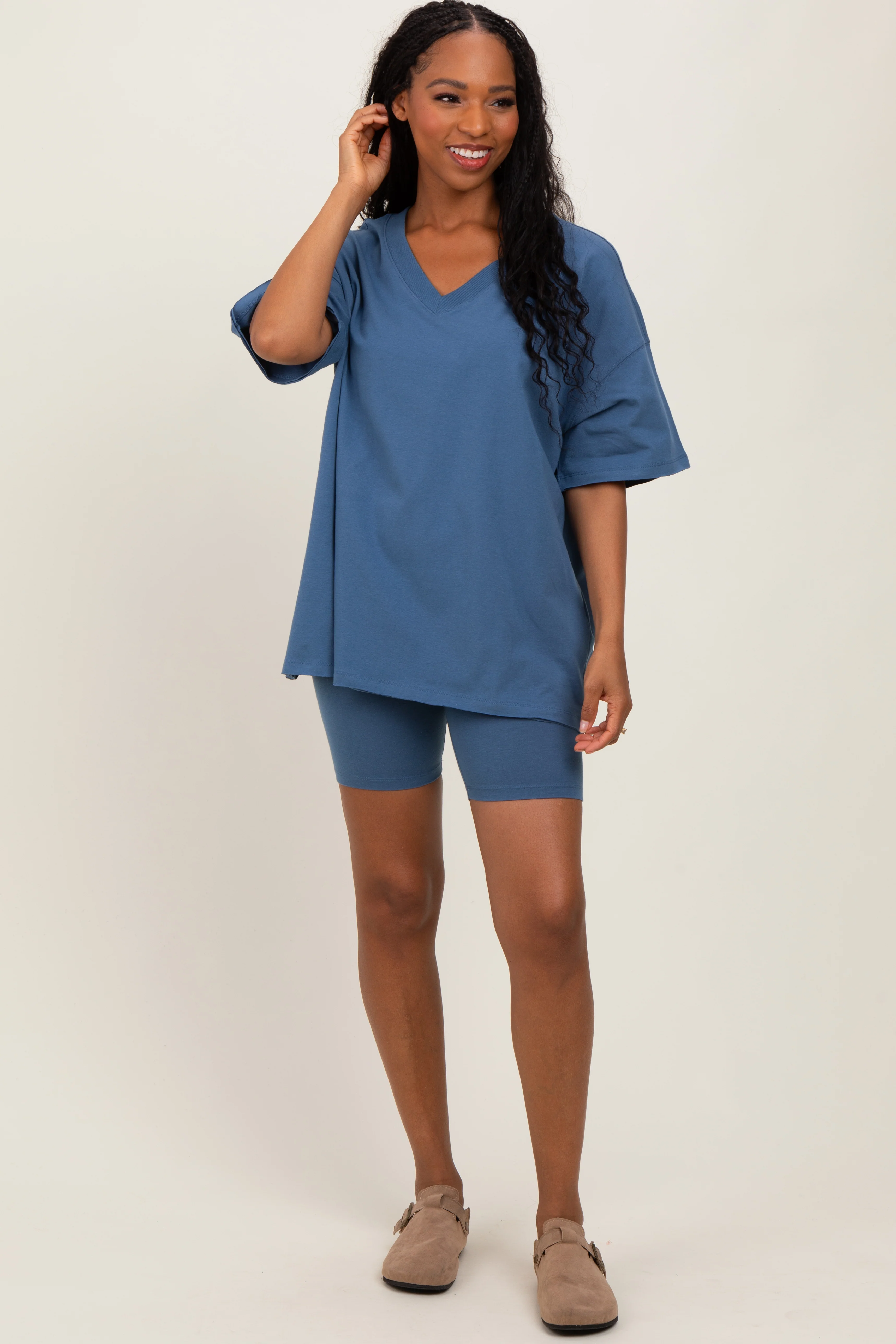 Blue Oversized V-Neck Biker Short Set - Image 2