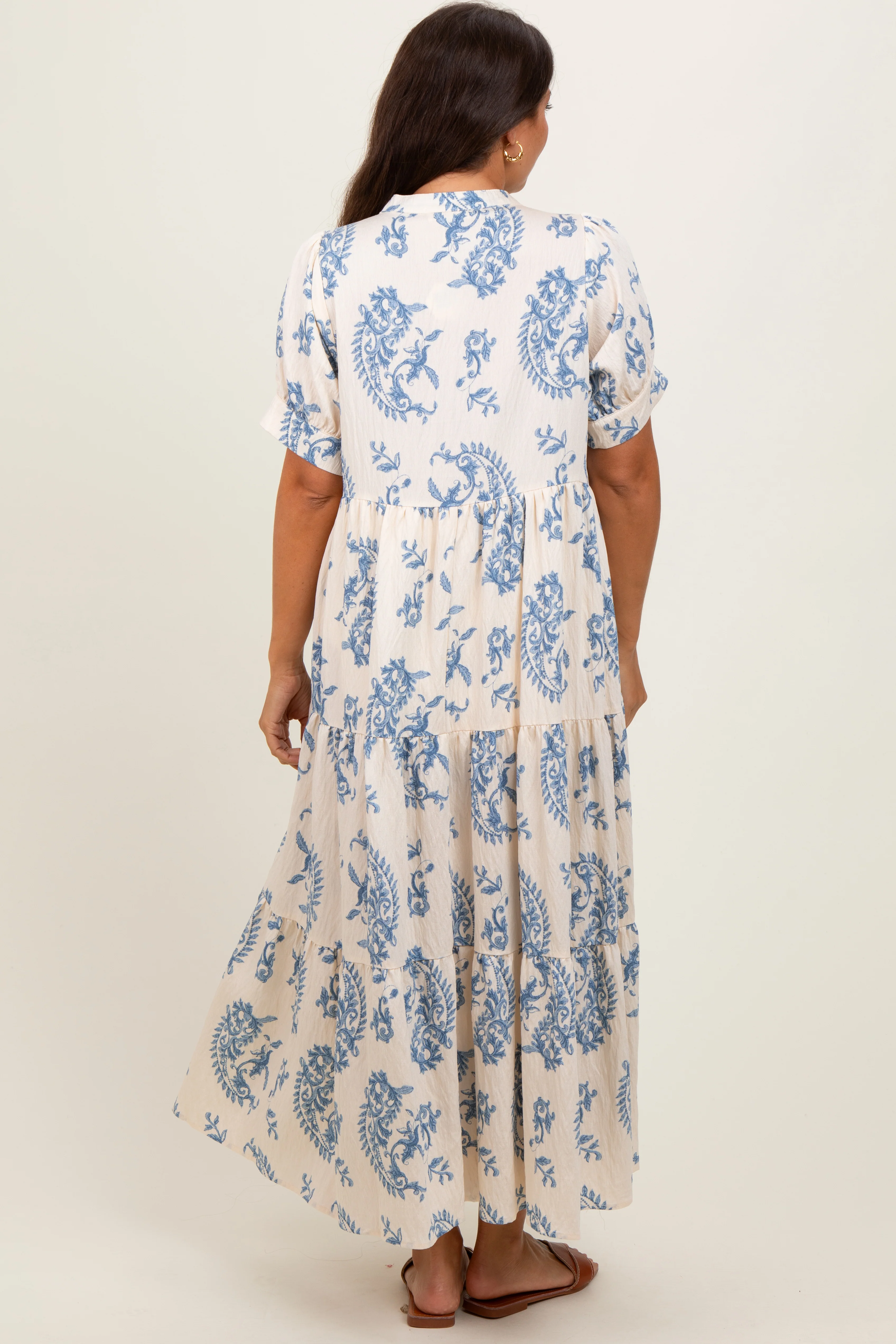 Blue Paisley Button Up Tiered Maternity Maxi Dress - Image 3