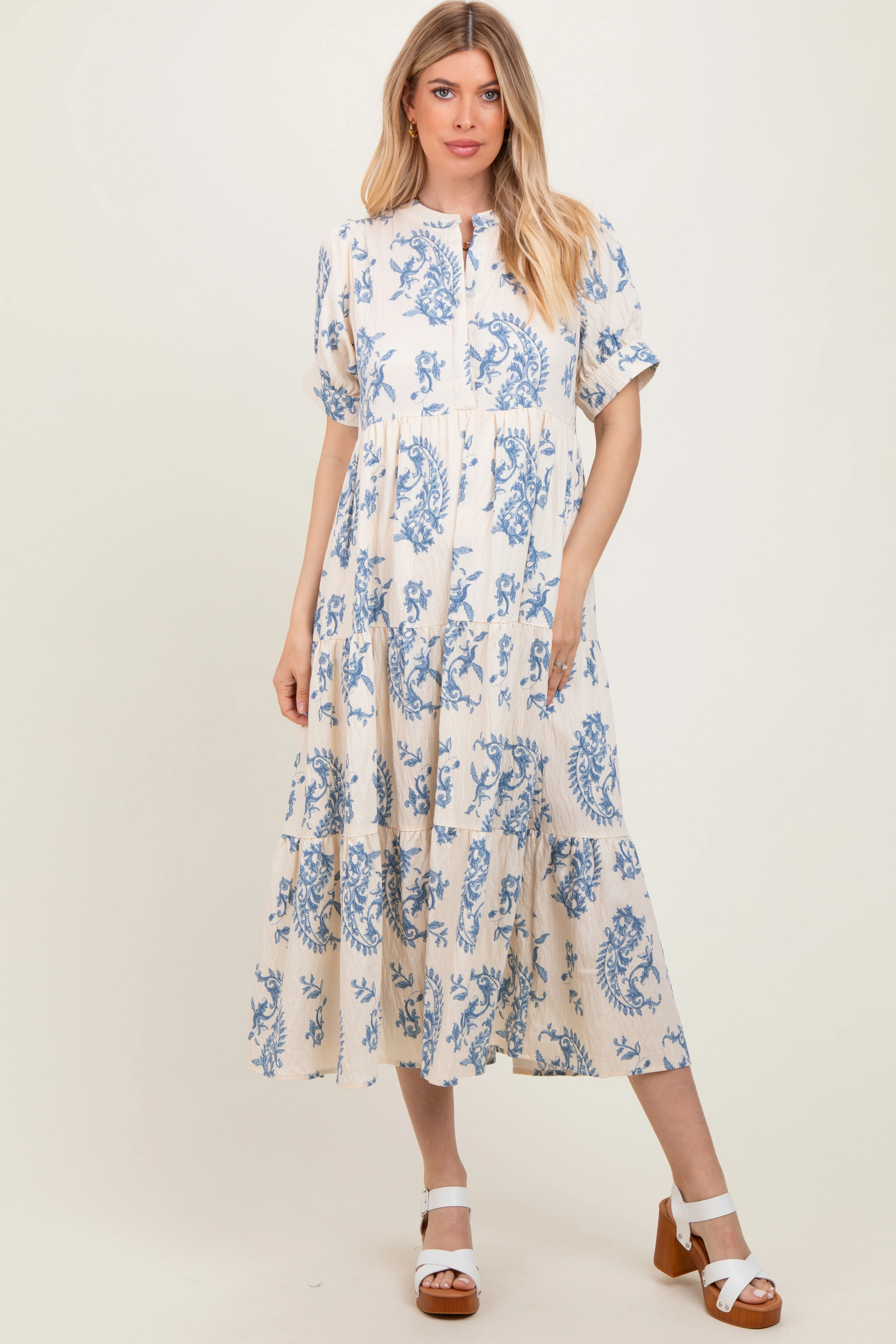 Blue Paisley Button Up Tiered Maxi Dress