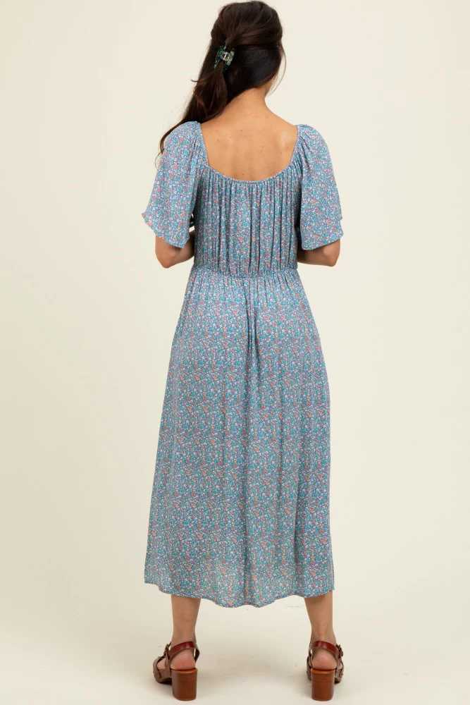 Blue/Pink Printed Dress With Pockets - Image 4