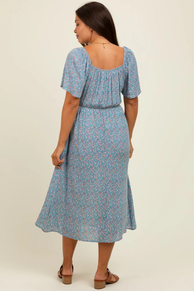 Blue/Pink Printed Maternity Dress With Pockets - Image 4