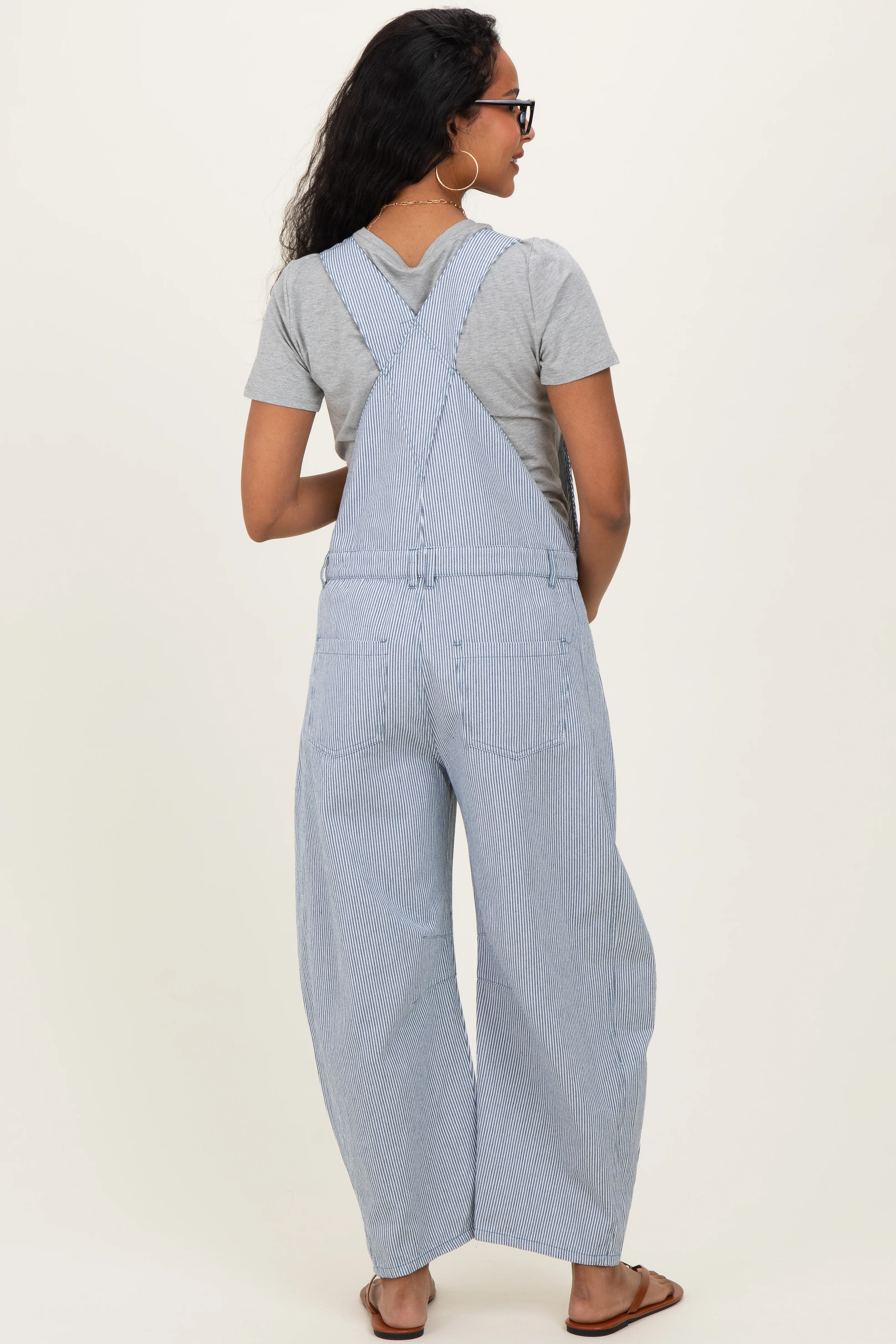 Blue Pinstriped Barrel-Leg Maternity Overalls - Image 5