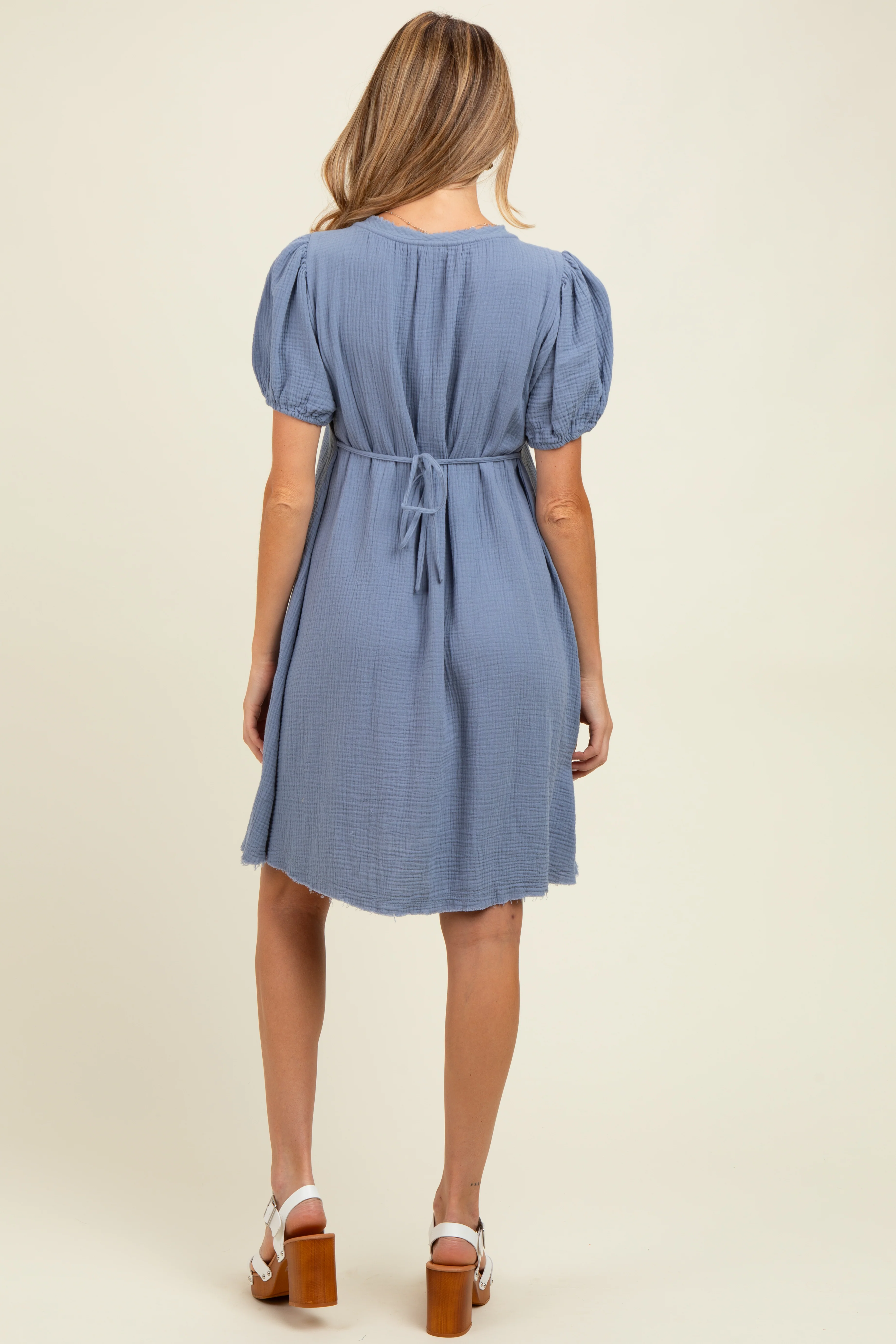 Blue Pintuck Detailed Cotton Double Gauze Maternity Mini Dress - Image 4