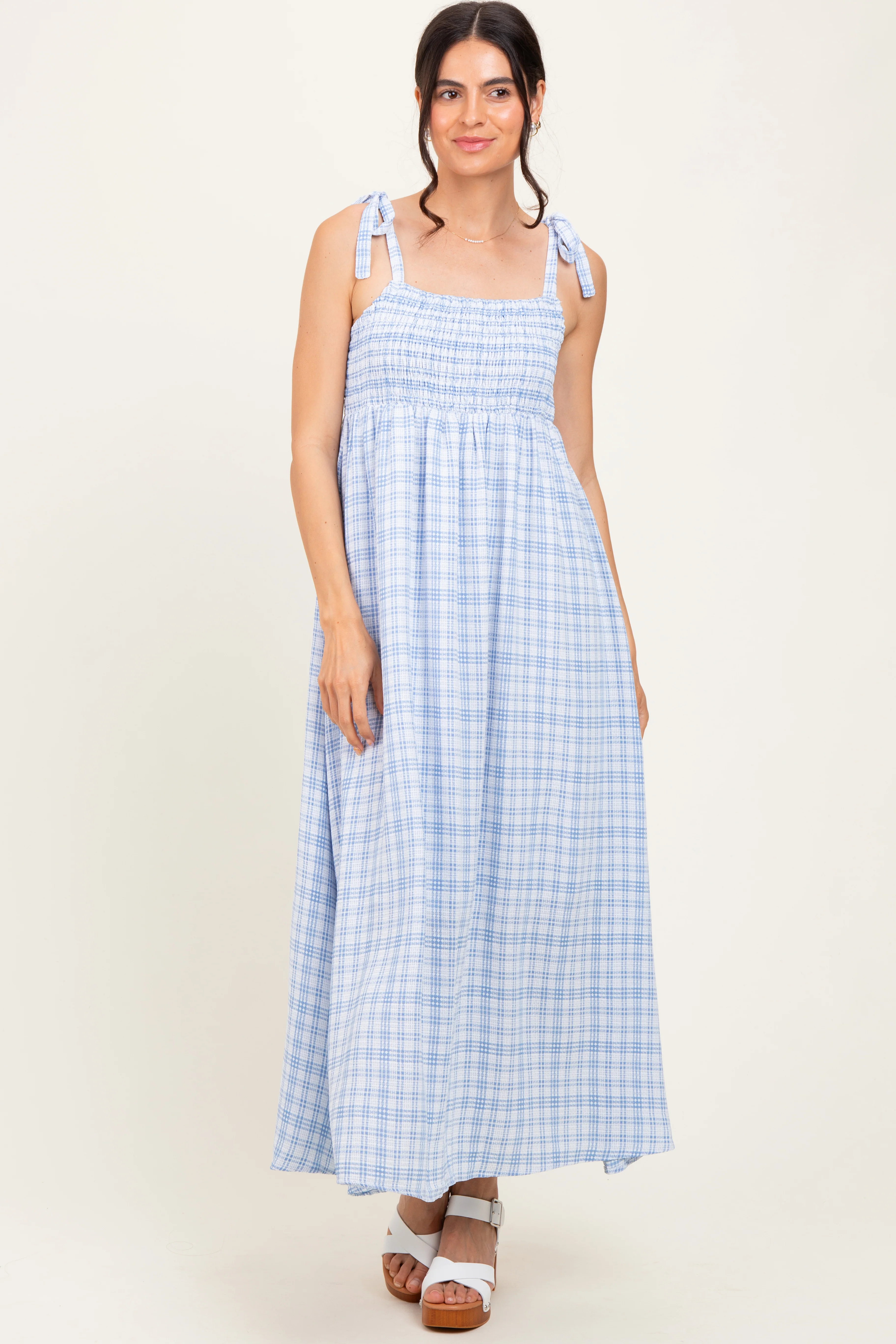 Blue Plaid Smocked Shoulder Tie Maternity Maxi Dress - Image 4