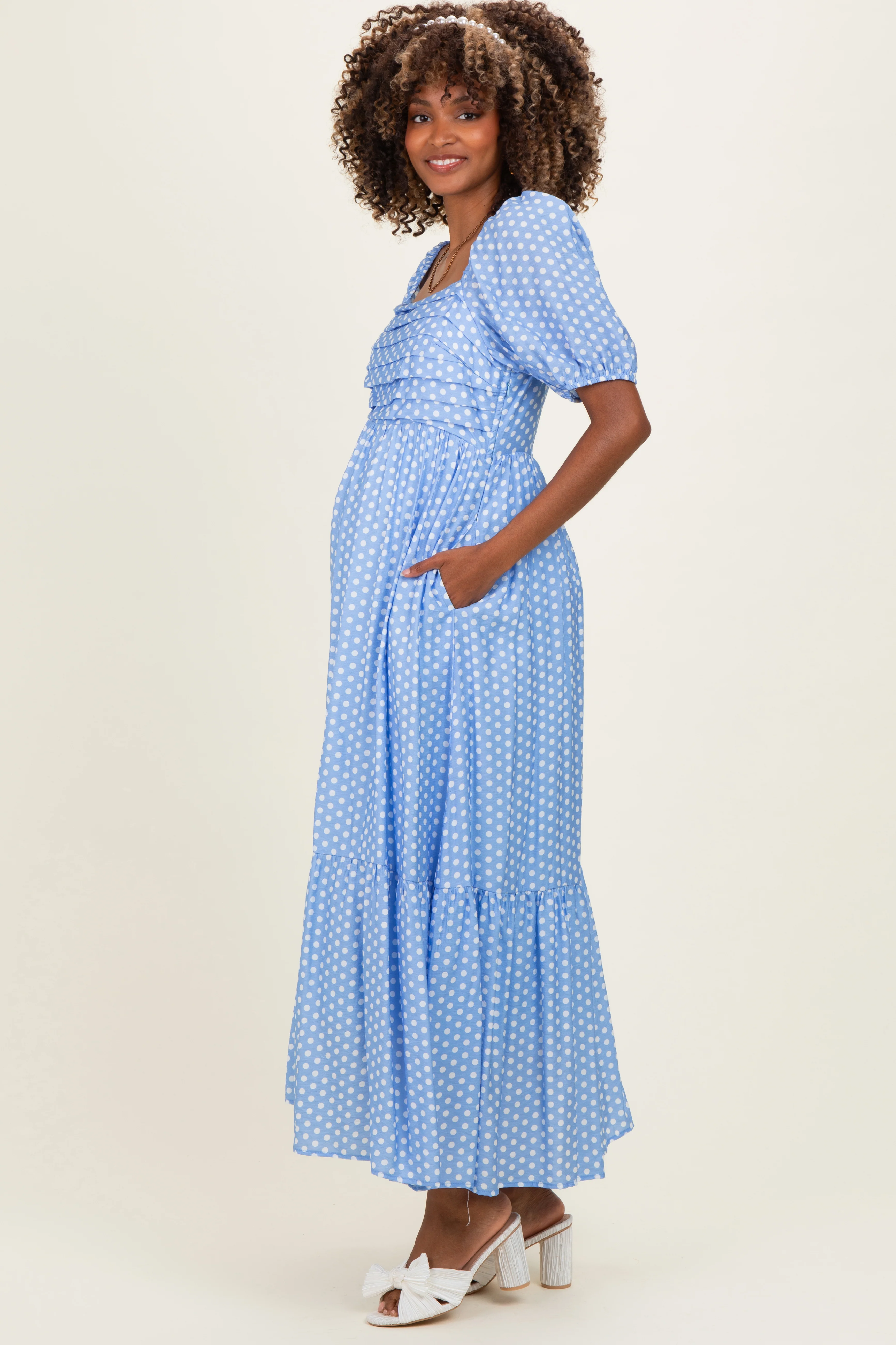 Blue Pleated Polka Dot Maternity Maxi Dress - Image 2