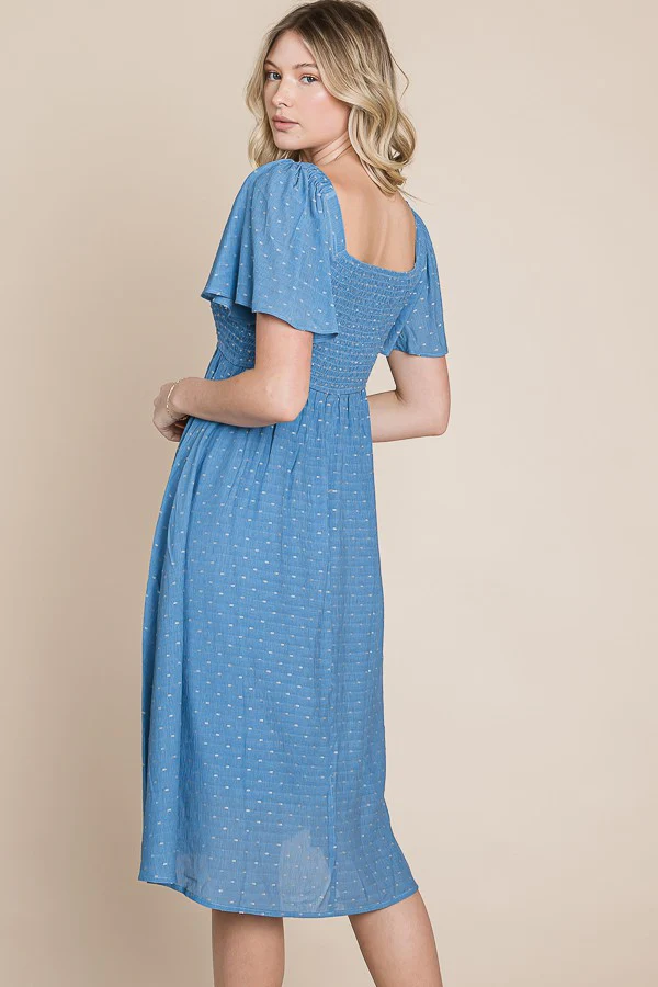Blue Polka Dot Smocked Midi Dress - Image 4