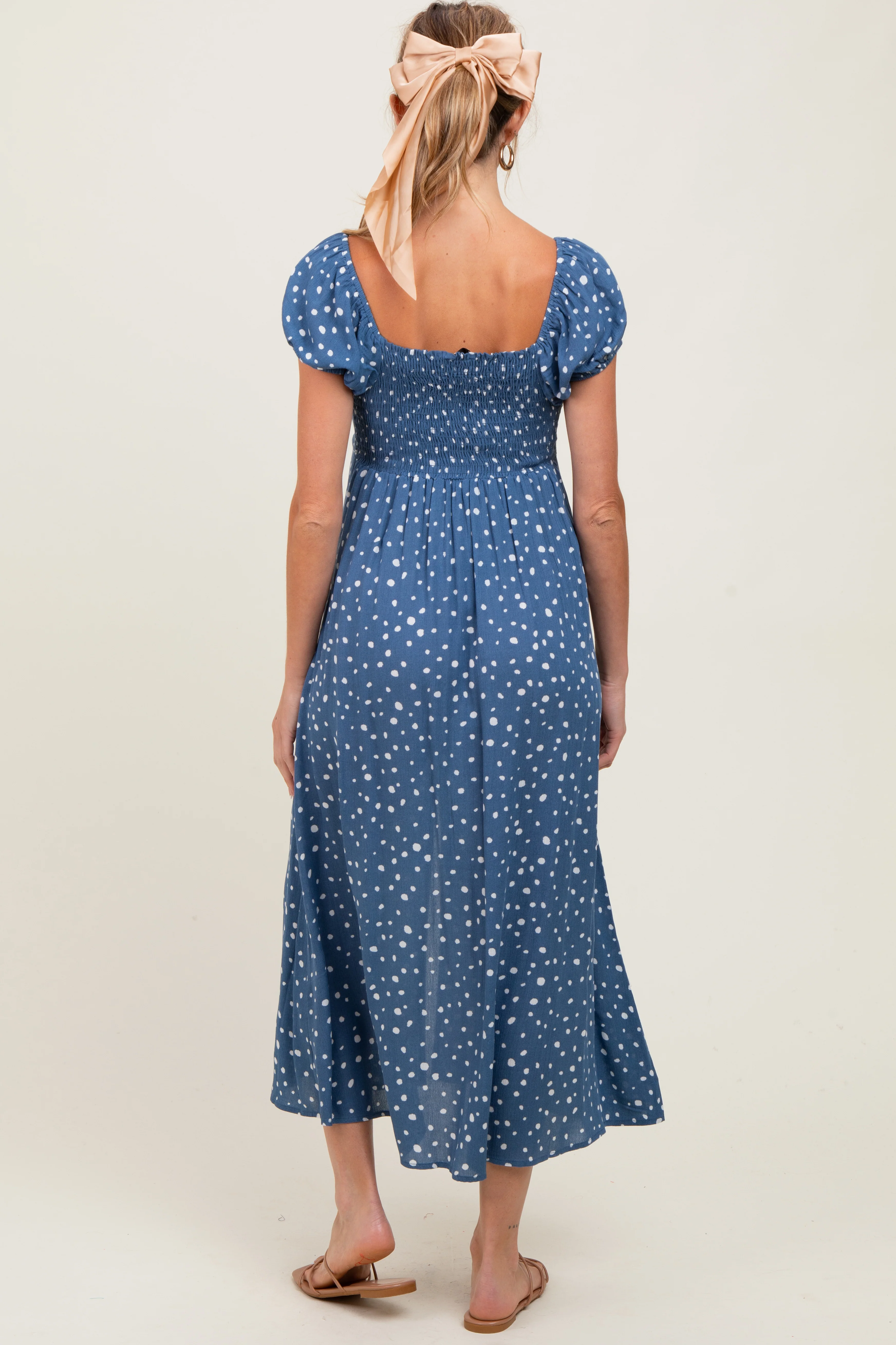 Blue Printed Button Accent Puff Sleeve Maternity Midi Dress - Image 4