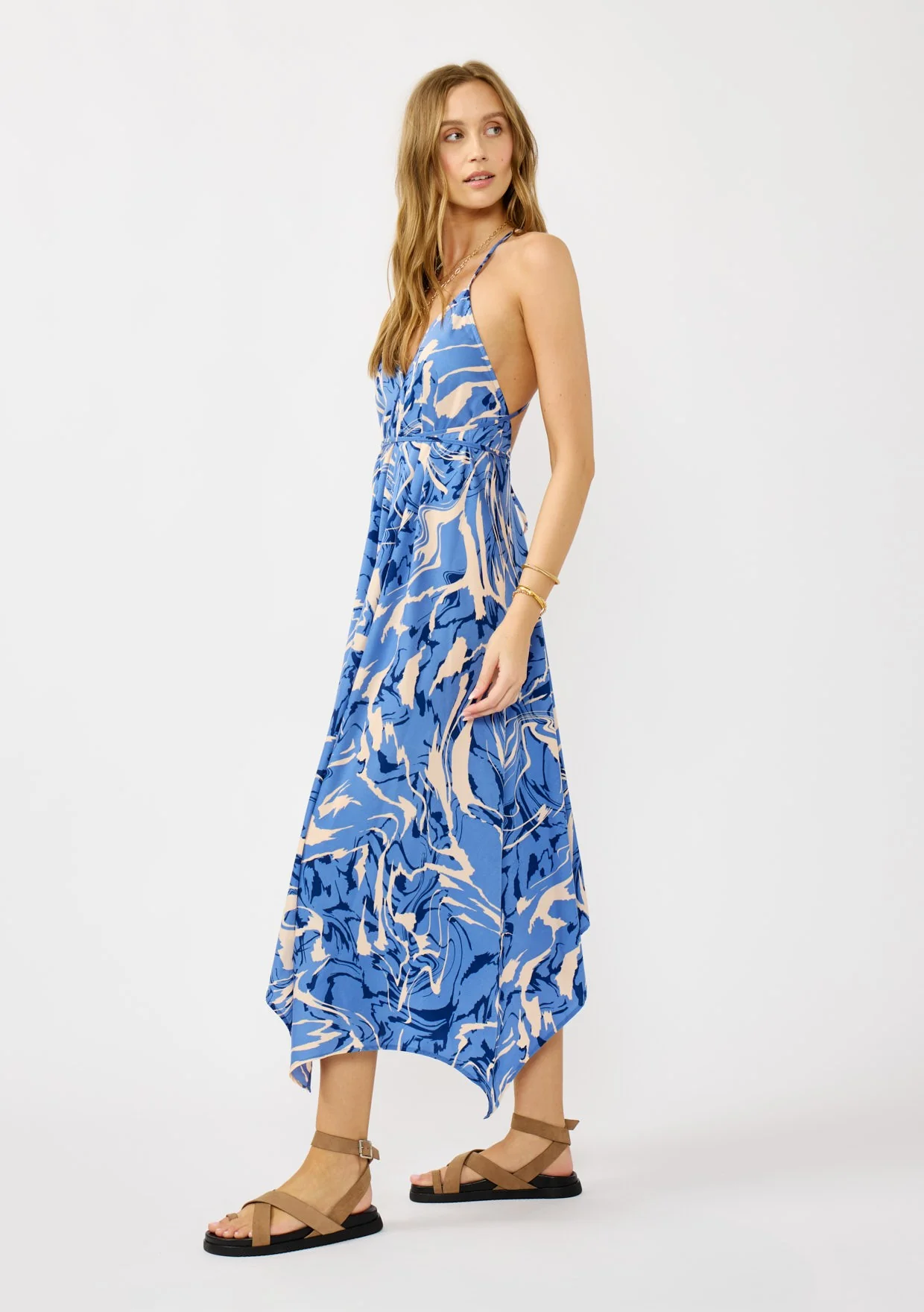 Blue Printed Crisscross Back Handkerchief Dress - Image 3