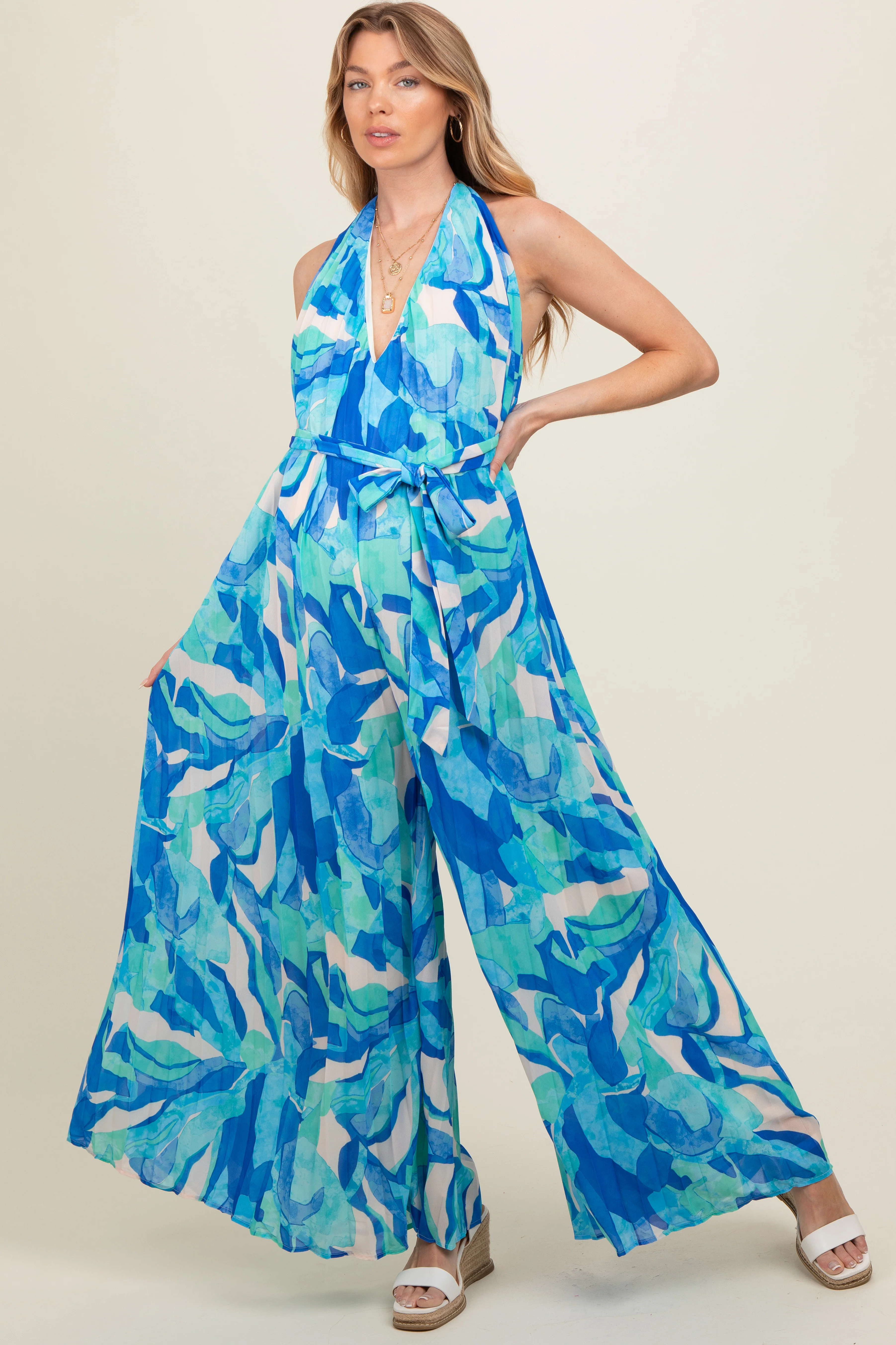 Blue Printed Halter Neck Wide Leg Maternity Jumpsuit - Image 3