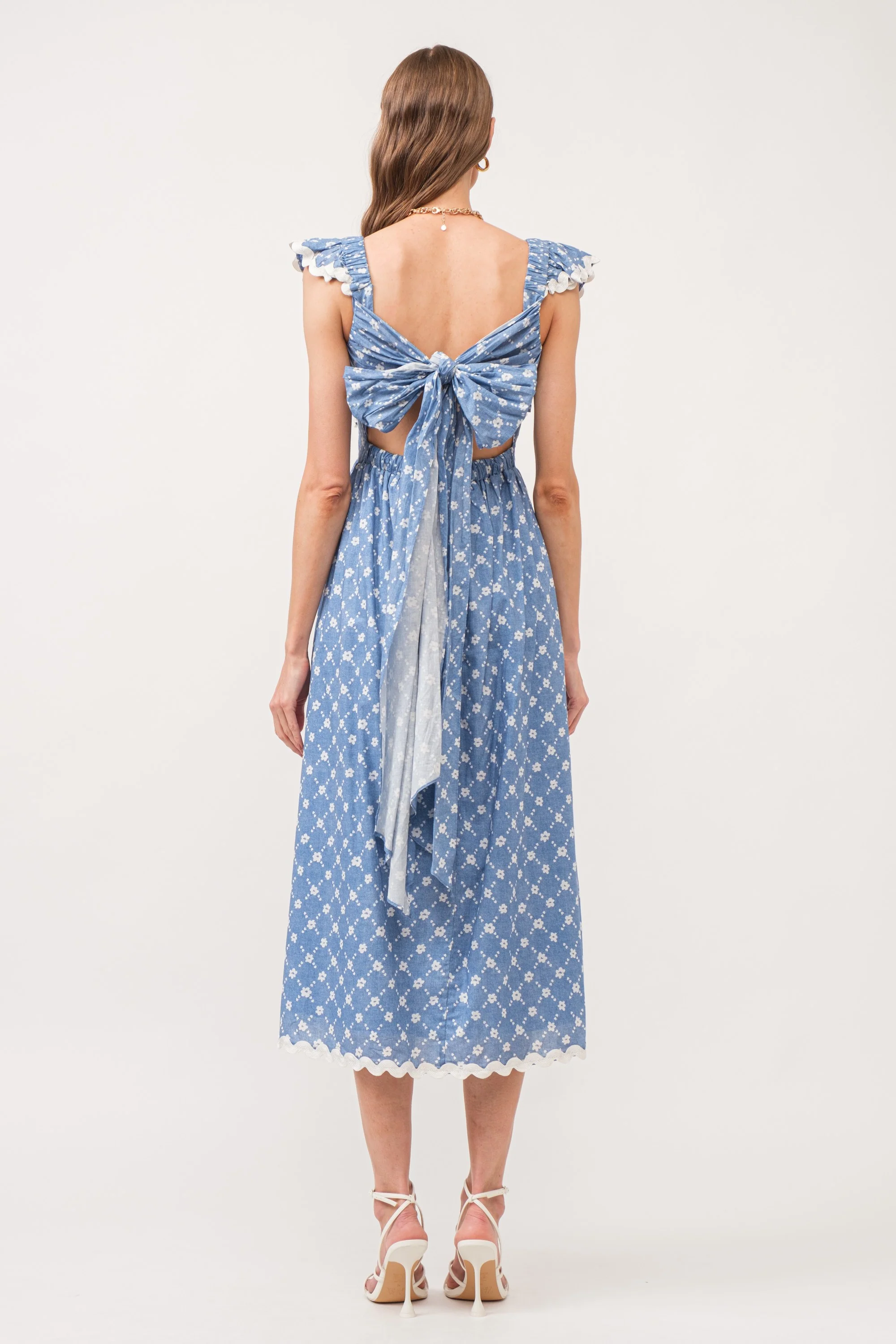 Blue Printed Ruffle Accent Midi Dress - Image 3