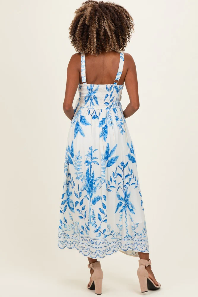 Blue Printed Scallop Detail Sleeveless Maternity Midi Dress - Image 3