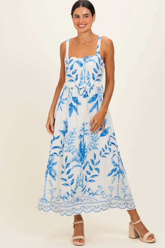 Blue Printed Scallop Detail Sleeveless Maternity Midi Dress - Image 4