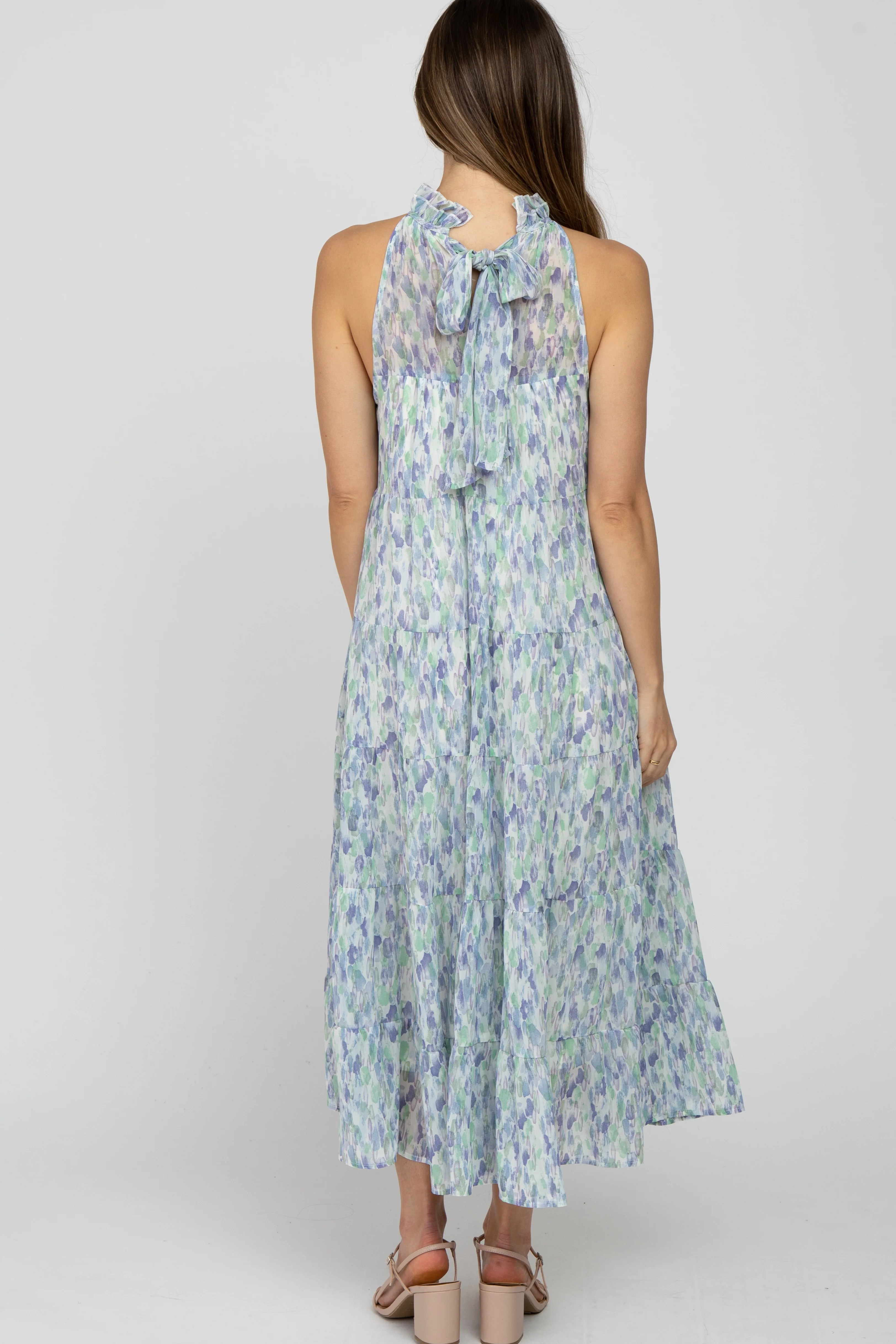 Blue Printed Sleeveless Tiered Maternity Midi Dress - Image 4