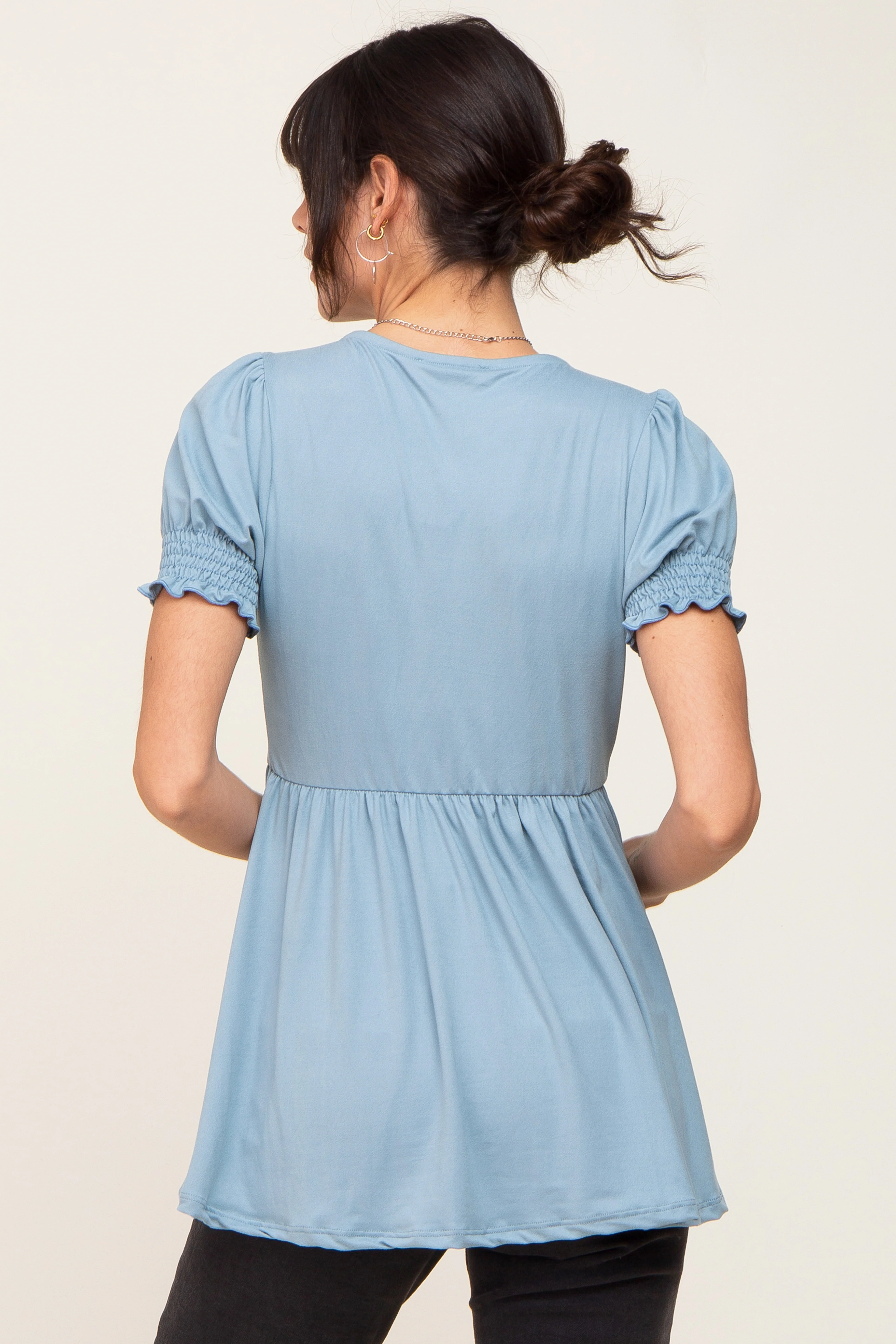 Blue Puff Sleeve Crossover Nursing Top - Image 3