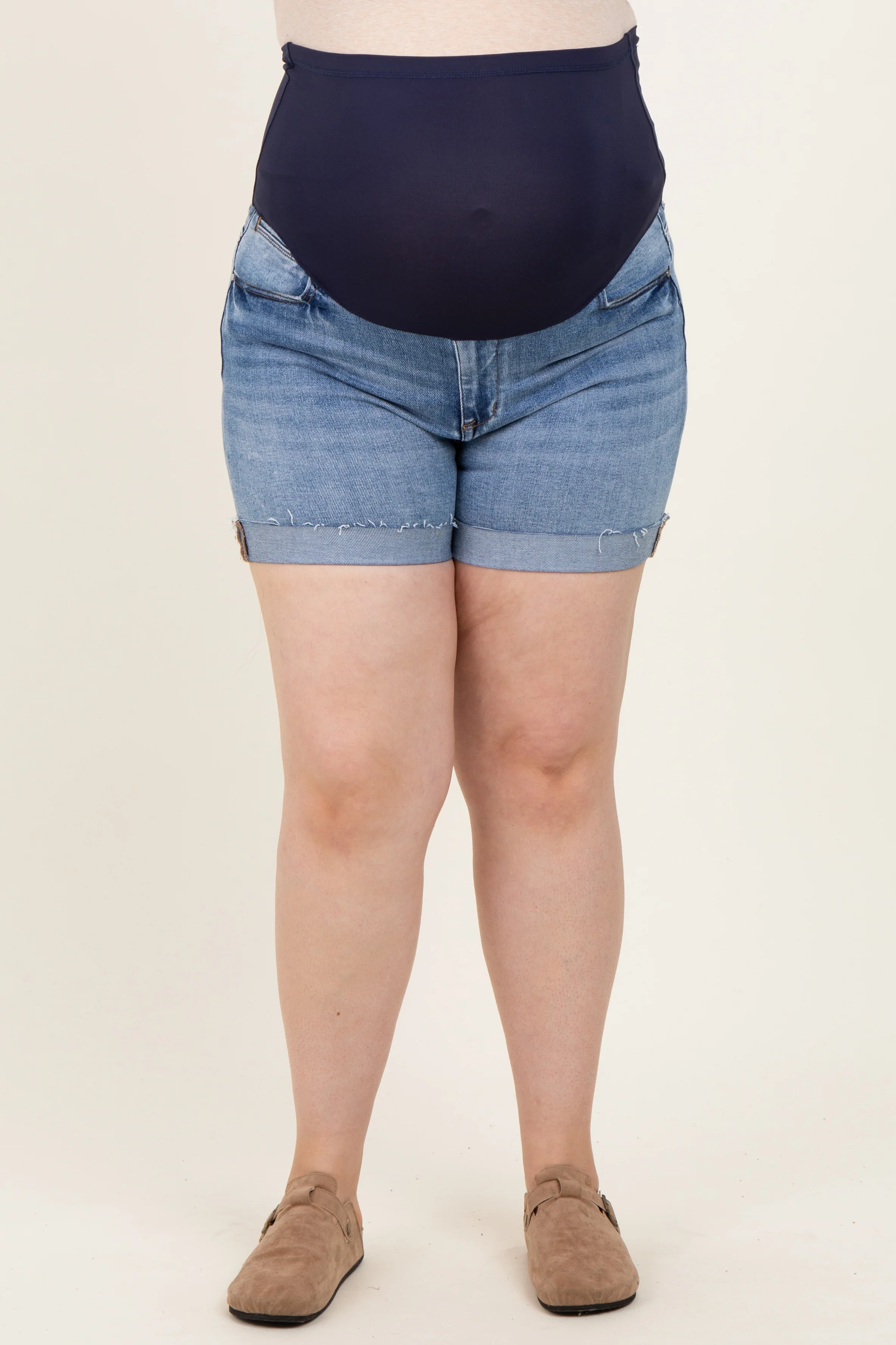 Blue Raw Cut Hem Cuffed Maternity Plus Jean Shorts - Image 2