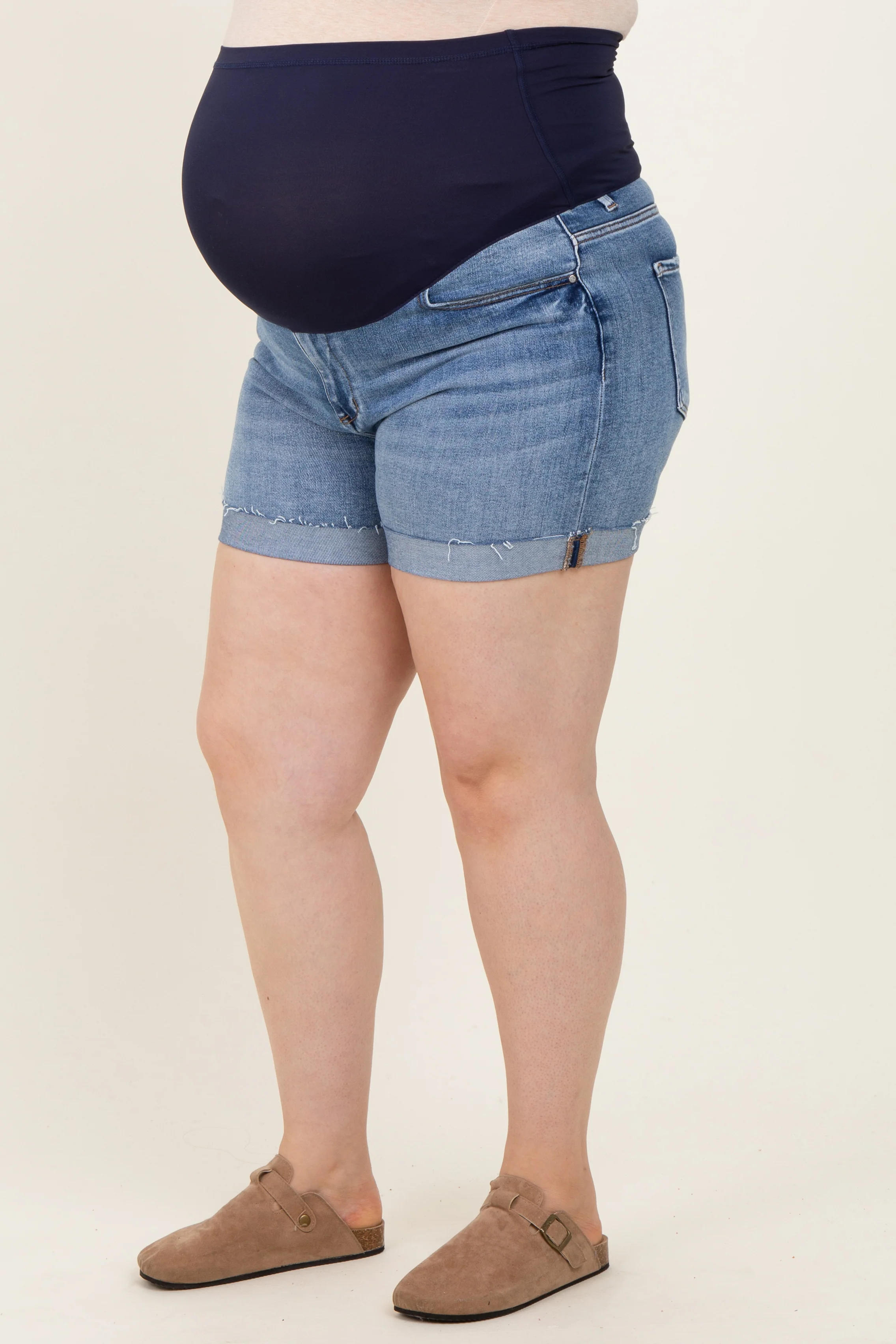 Blue Raw Cut Hem Cuffed Maternity Plus Jean Shorts - Image 3
