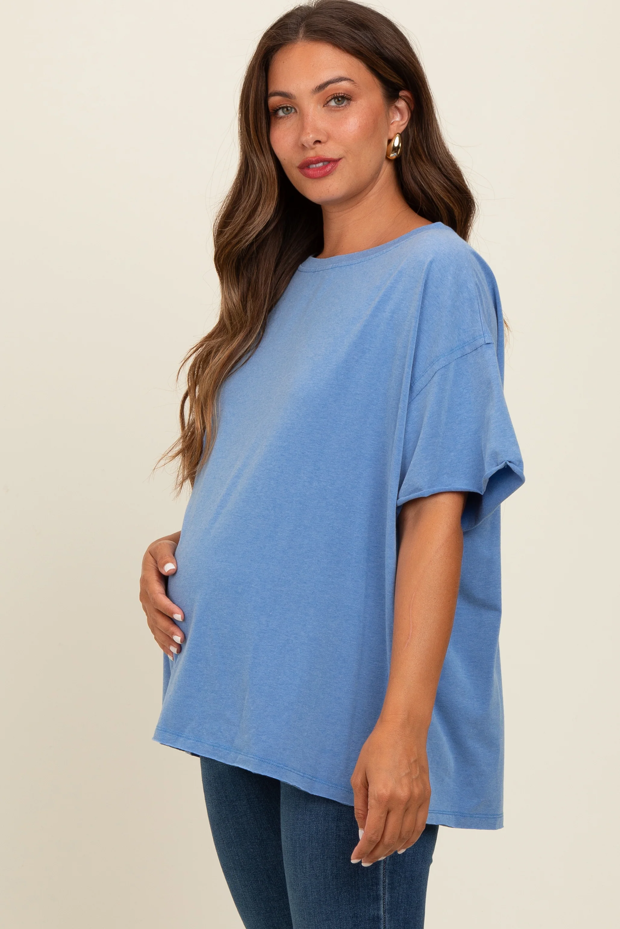 Blue Raw Rolled Hem Maternity Top - Image 3
