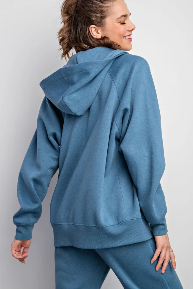 Blue Relaxed Fit Fleece Zip Hoodie - Image 3